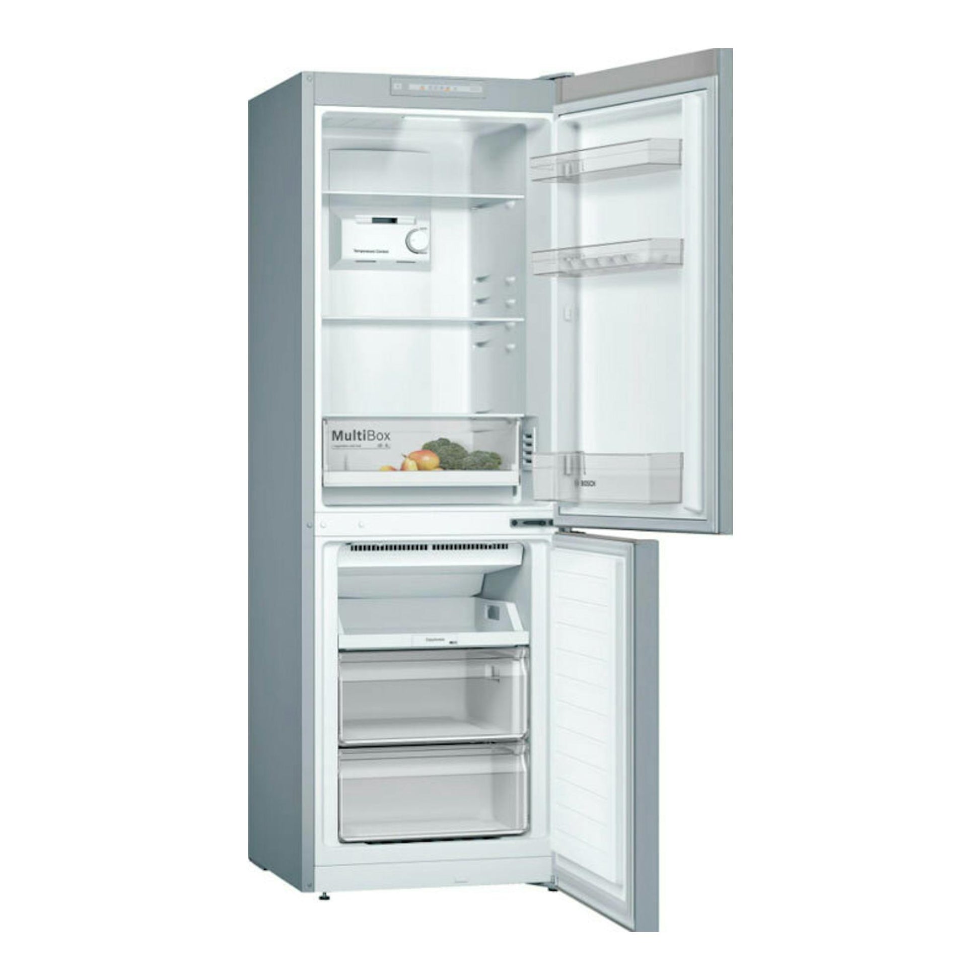 Frigorífico combi Bosch KGN33NLEB inox, vista frontal con puertas abiertas y interior visible.