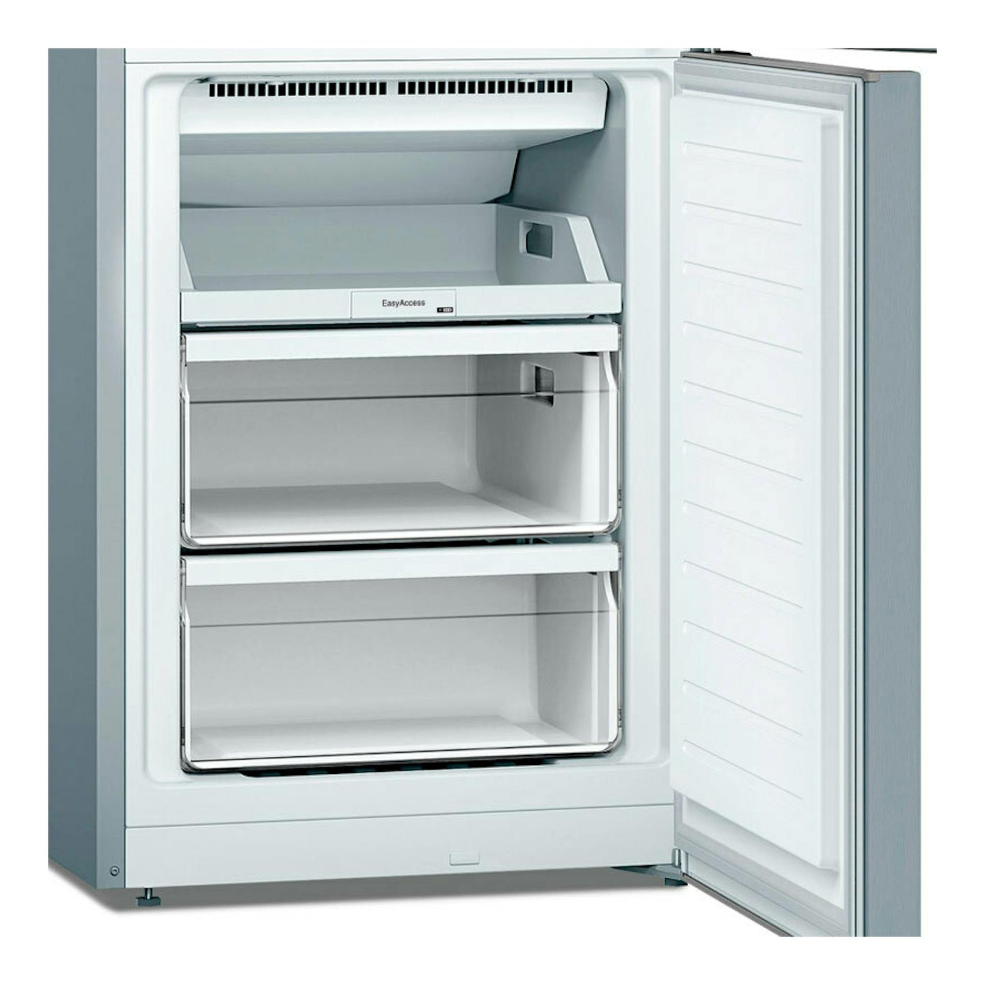 Frigorífico combi Bosch KGN33NLEB inox, vista frontal con la puerta abierta y tres cajones del congelador.