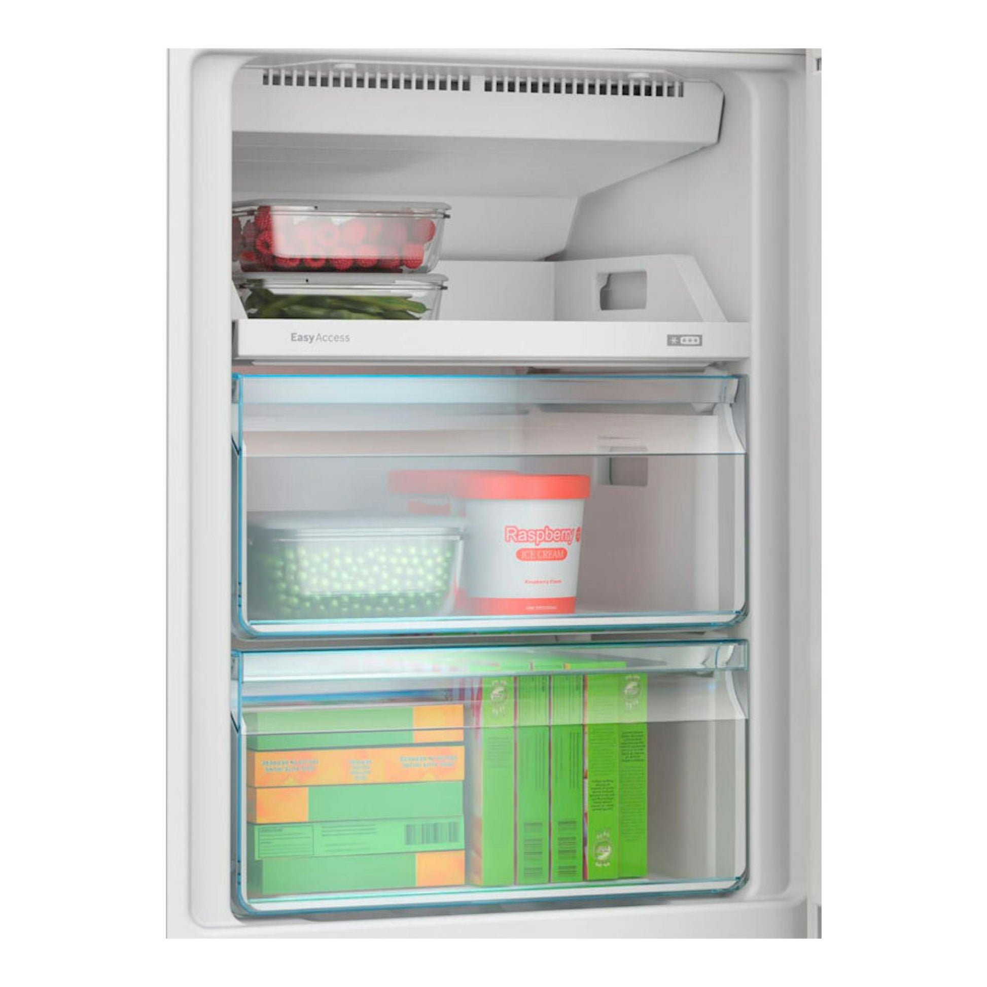 Interior de frigorífico Bosch KGN33NWDA blanco, vista frontal con puerta abierta y cajones transparentes.