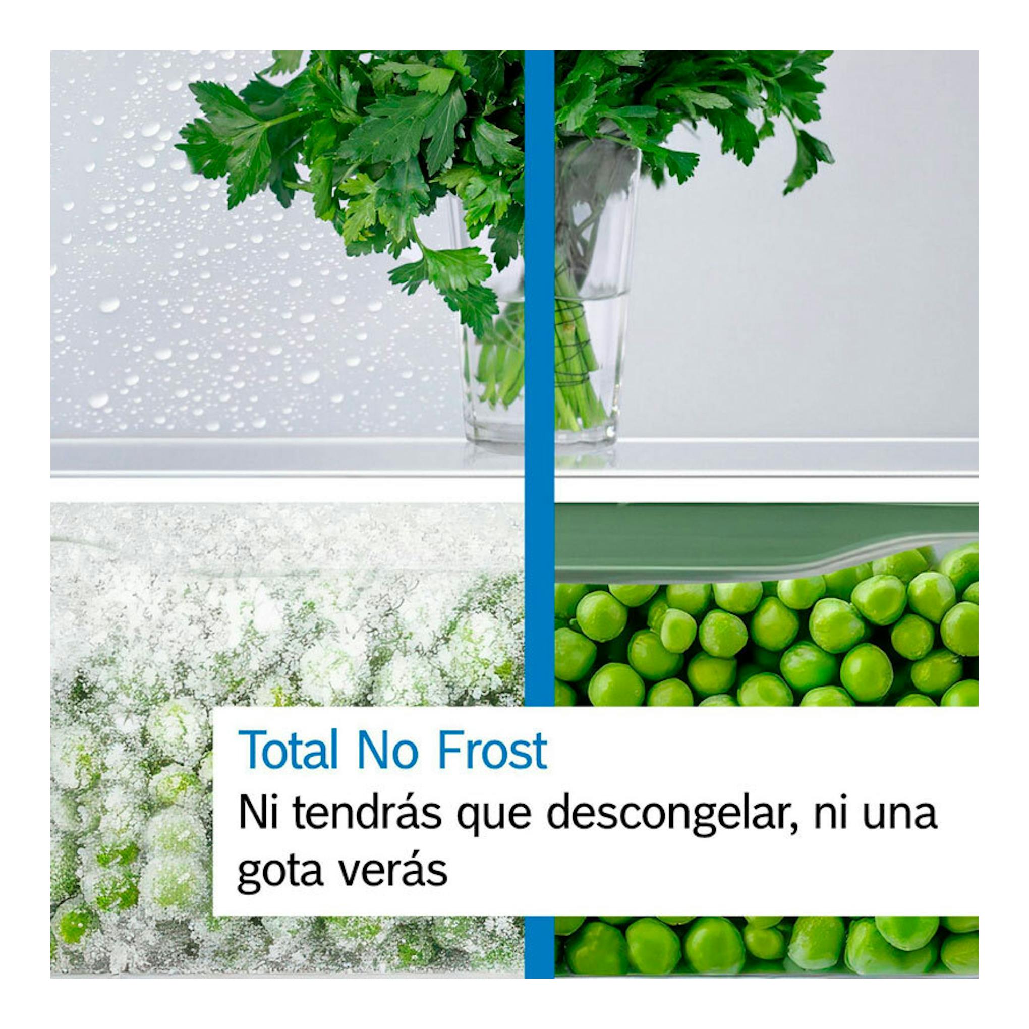 Composición en cuatro paneles con perejil, escarcha y guisantes; texto “Total No Frost”.