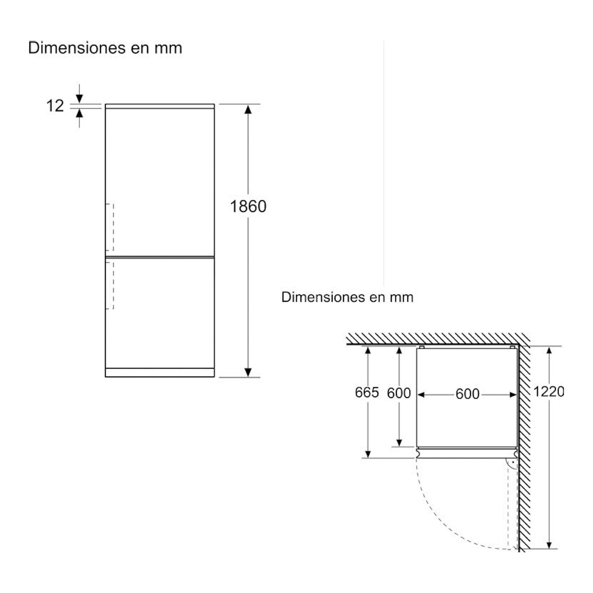 Bosch KGN362ICF: esquema técnico de frigorífico combi en acero, vista frontal y lateral con medidas en mm.