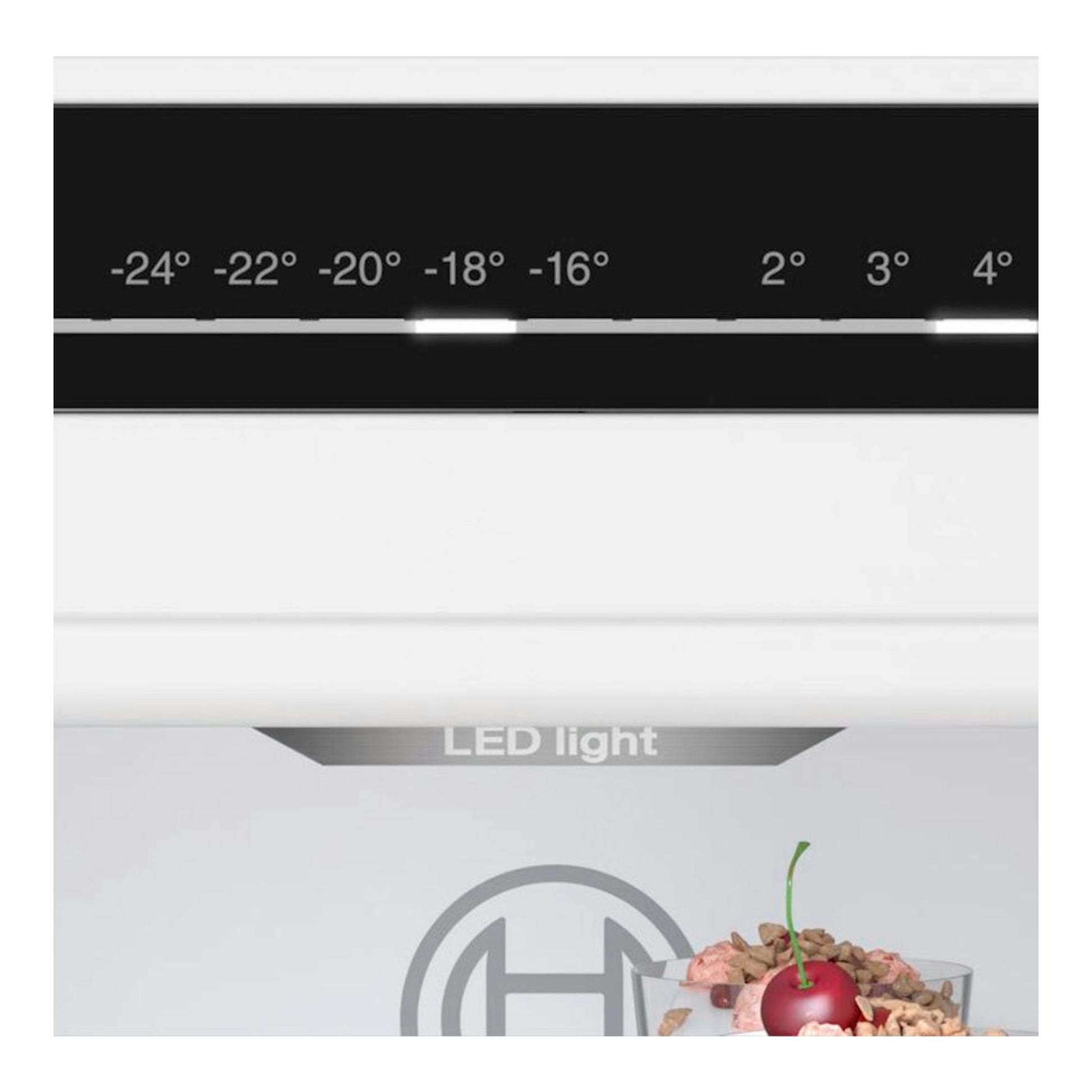 Bosch KGN362ICF acero, primer plano del panel interior con escala de temperatura y luz LED.