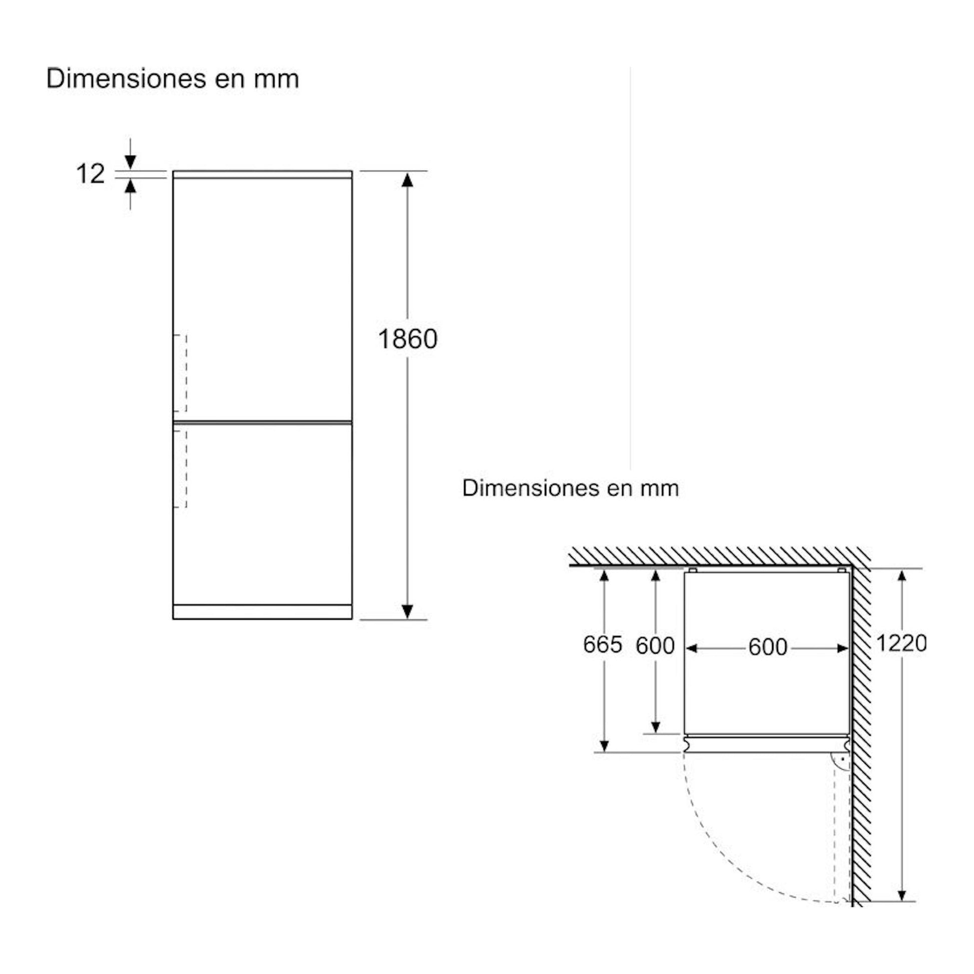 Bosch KGN362WCF blanco: esquema técnico del frigorífico combi con vistas frontal y lateral y medidas en mm.