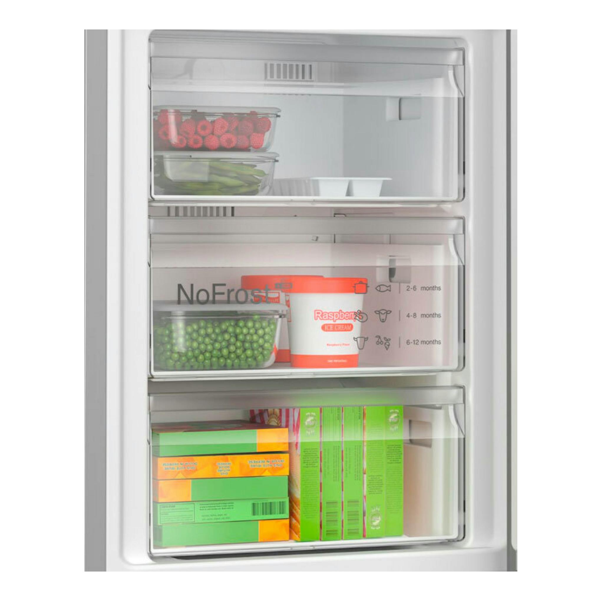 Frigorífico combi Bosch KGN36VIBT Inox, interior abierto con tres cajones transparentes y alimentos congelados.