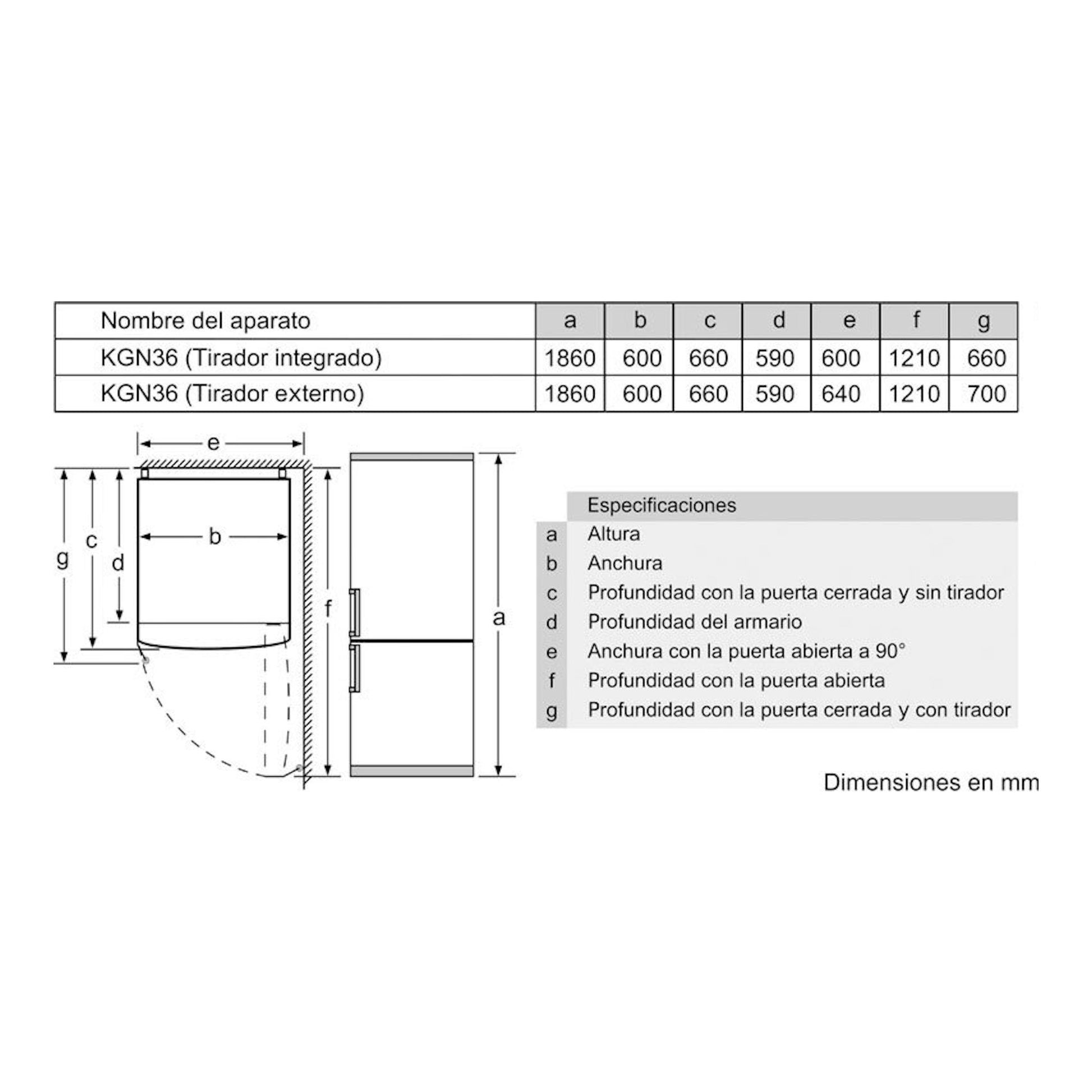 Bosch KGN36VIDB: esquema técnico con medidas del frigorífico combi, vistas frontal y lateral.