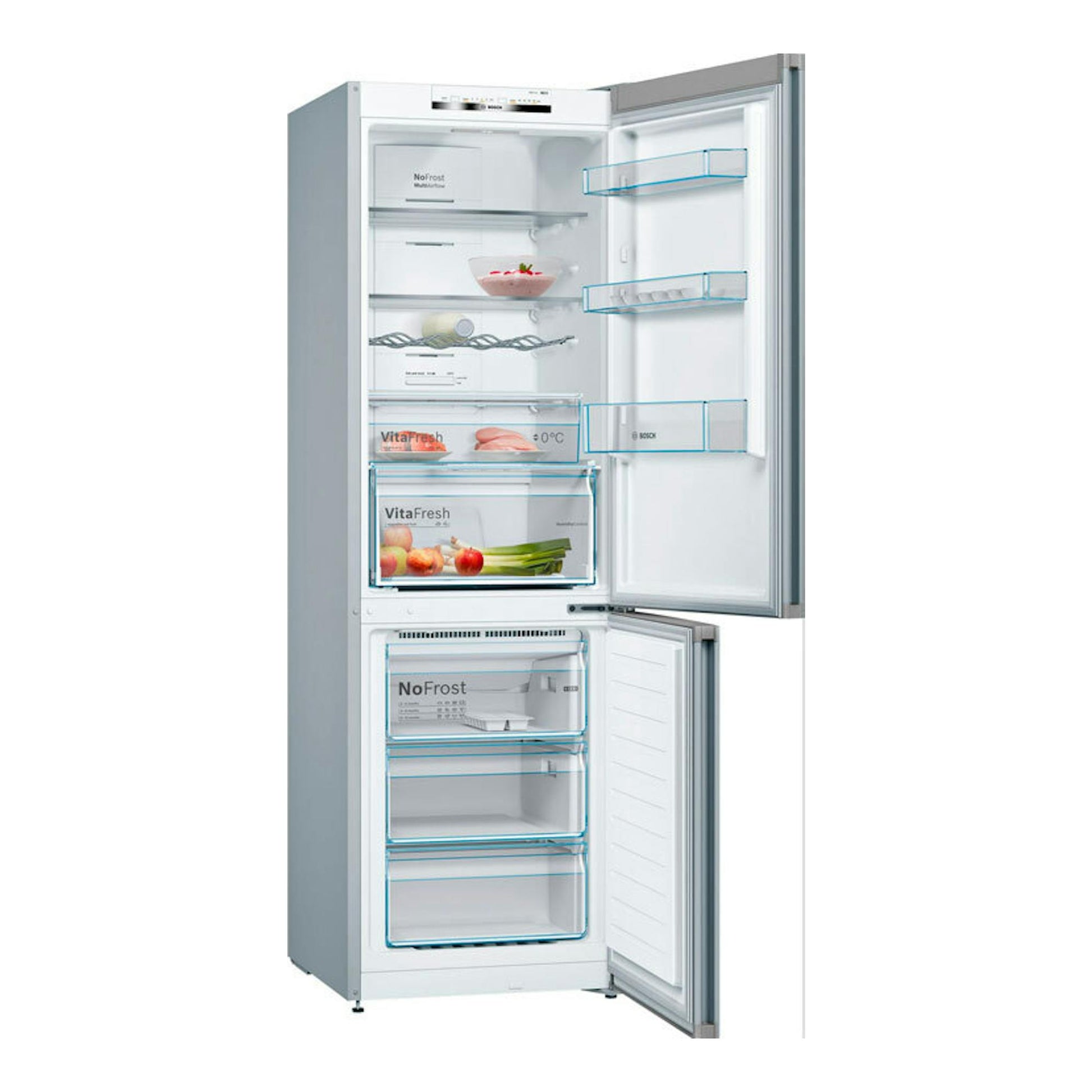 Frigorífico combi Bosch KGN36VIDB inox, vista frontal con puertas abiertas y cajones interiores visibles.