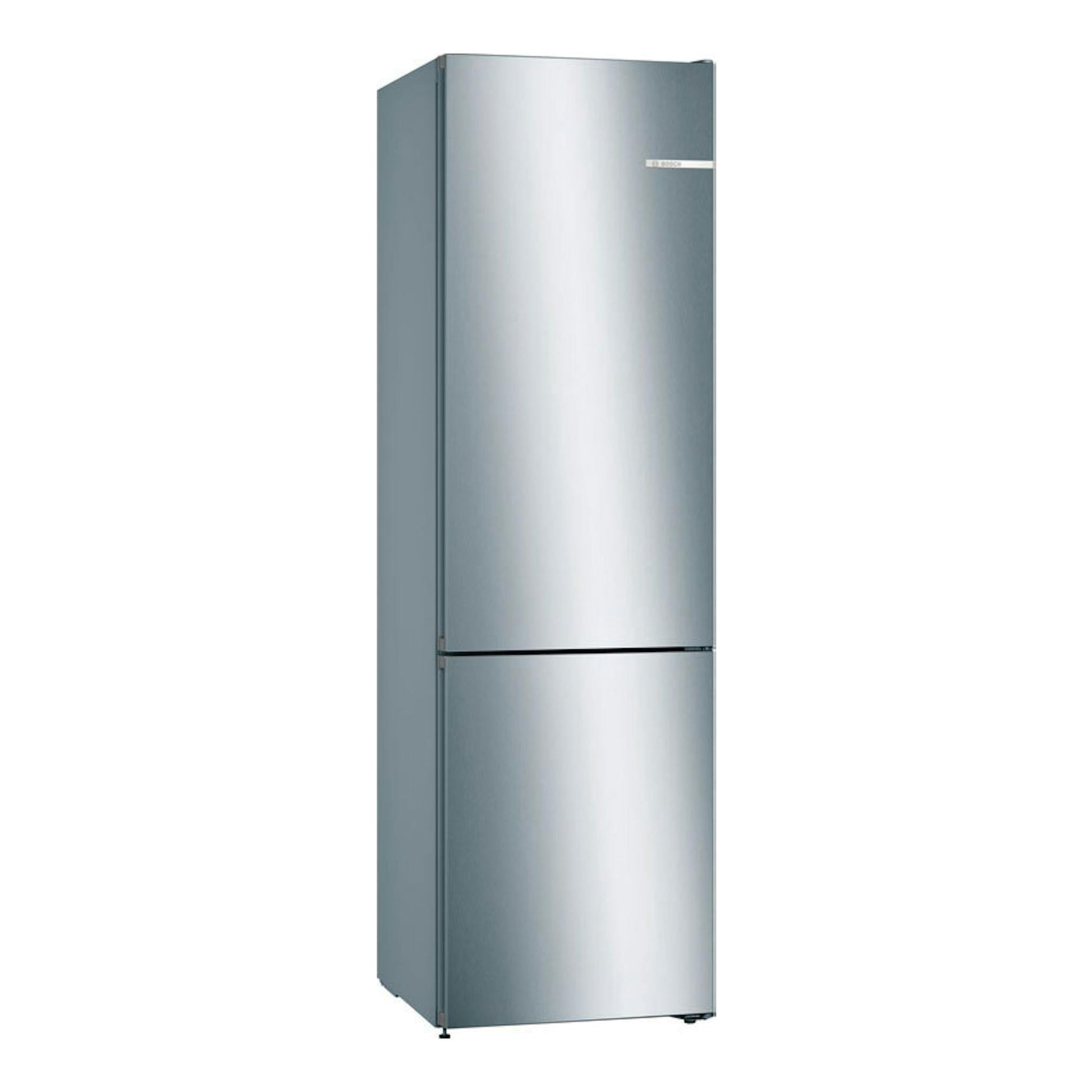 Frigorífico combi Bosch KGN36VLDB de acero, vista frontal en ángulo, con dos puertas.