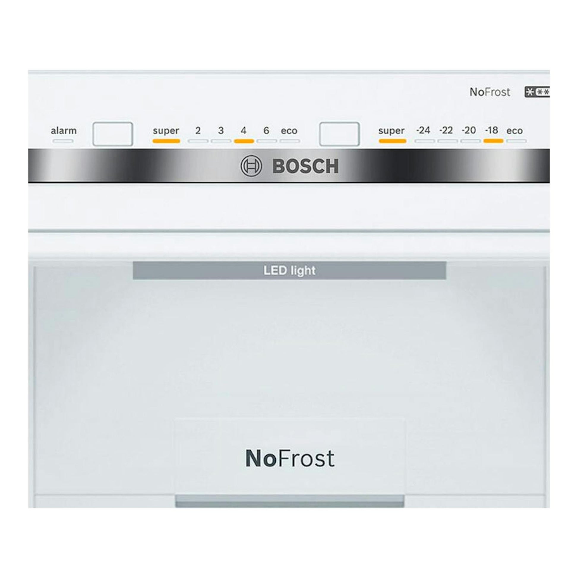 Frigorífico combi Bosch KGN36VLDB, vista frontal parcial en acero, con panel NoFrost y display LED.