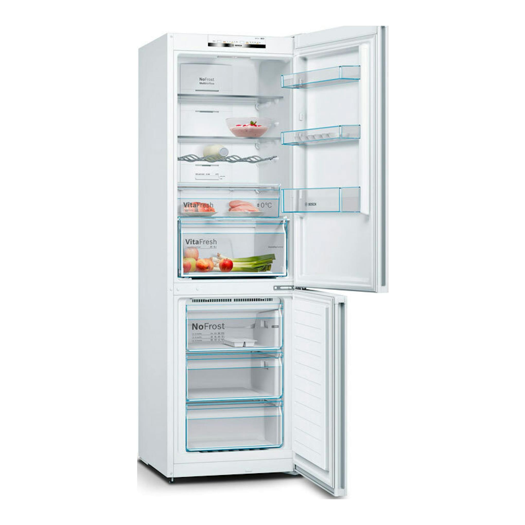 Frigorífico combi Bosch KGN36VWDB blanco, vista frontal con puertas abiertas y compartimentos visibles.