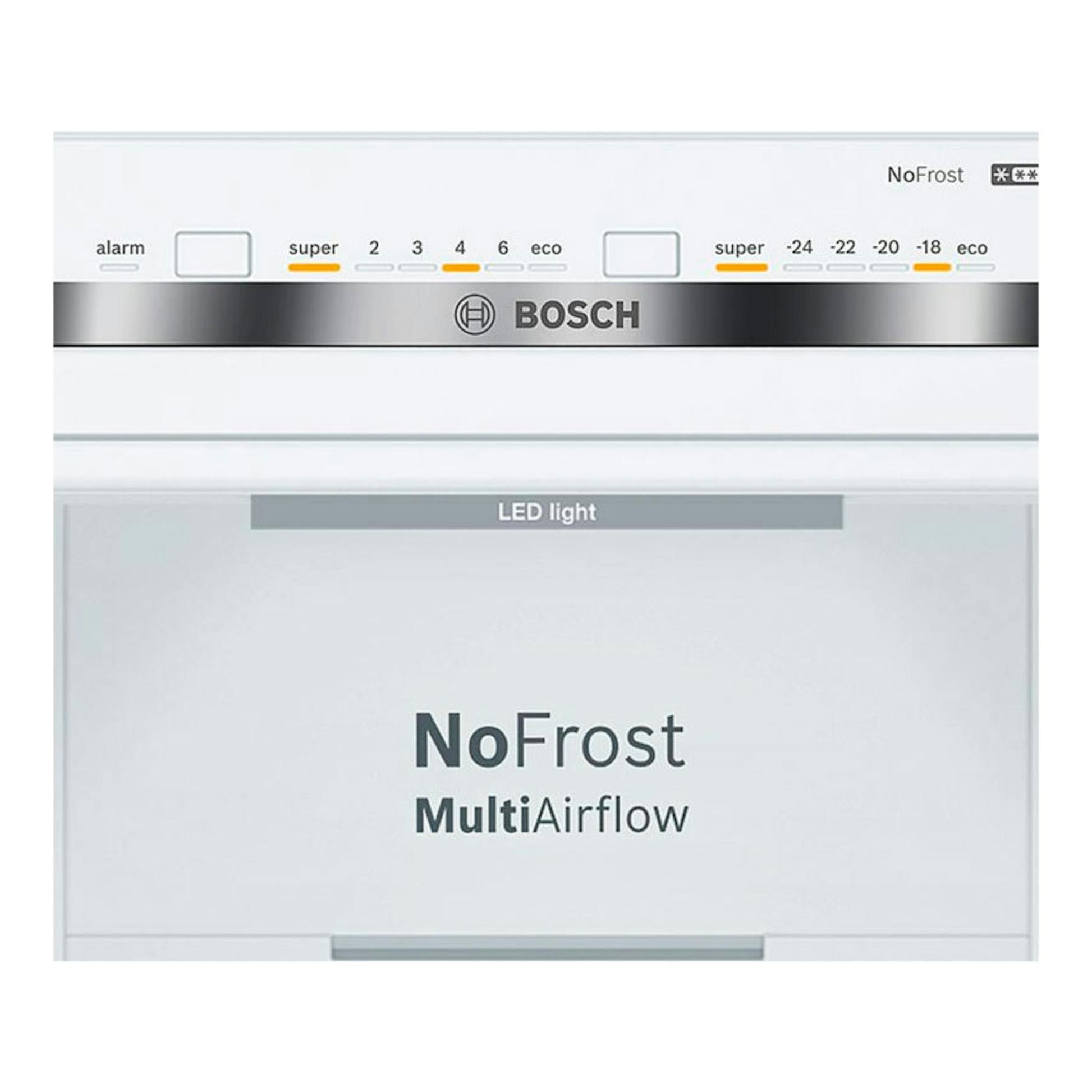 Frigorífico combi Bosch blanco, vista frontal, con panel superior y tecnologías NoFrost y MultiAirflow.