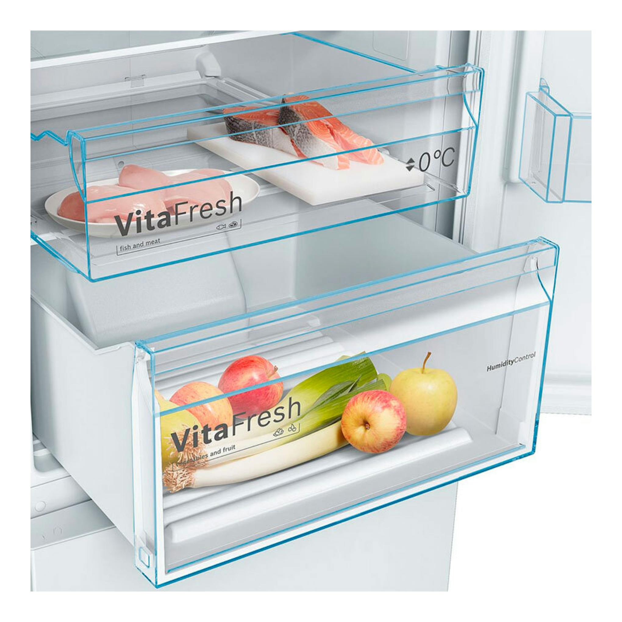 Frigorífico combi Bosch KGN36VWDB blanco, vista interior con cajones VitaFresh para carne, pescado y verduras.