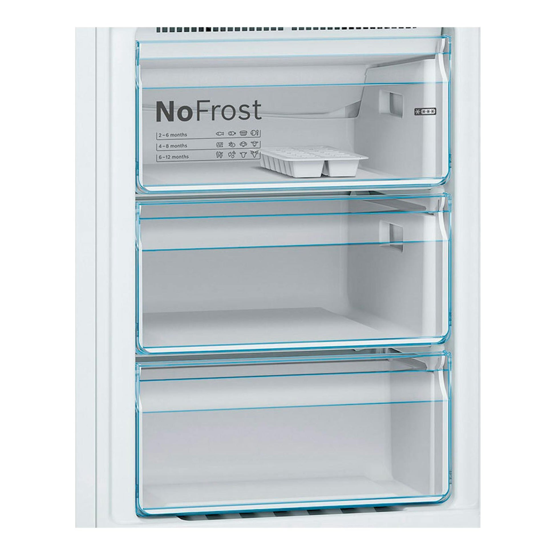 Bosch KGN36VWDB: interior de congelador blanco NoFrost con tres cajones transparentes, vista frontal.