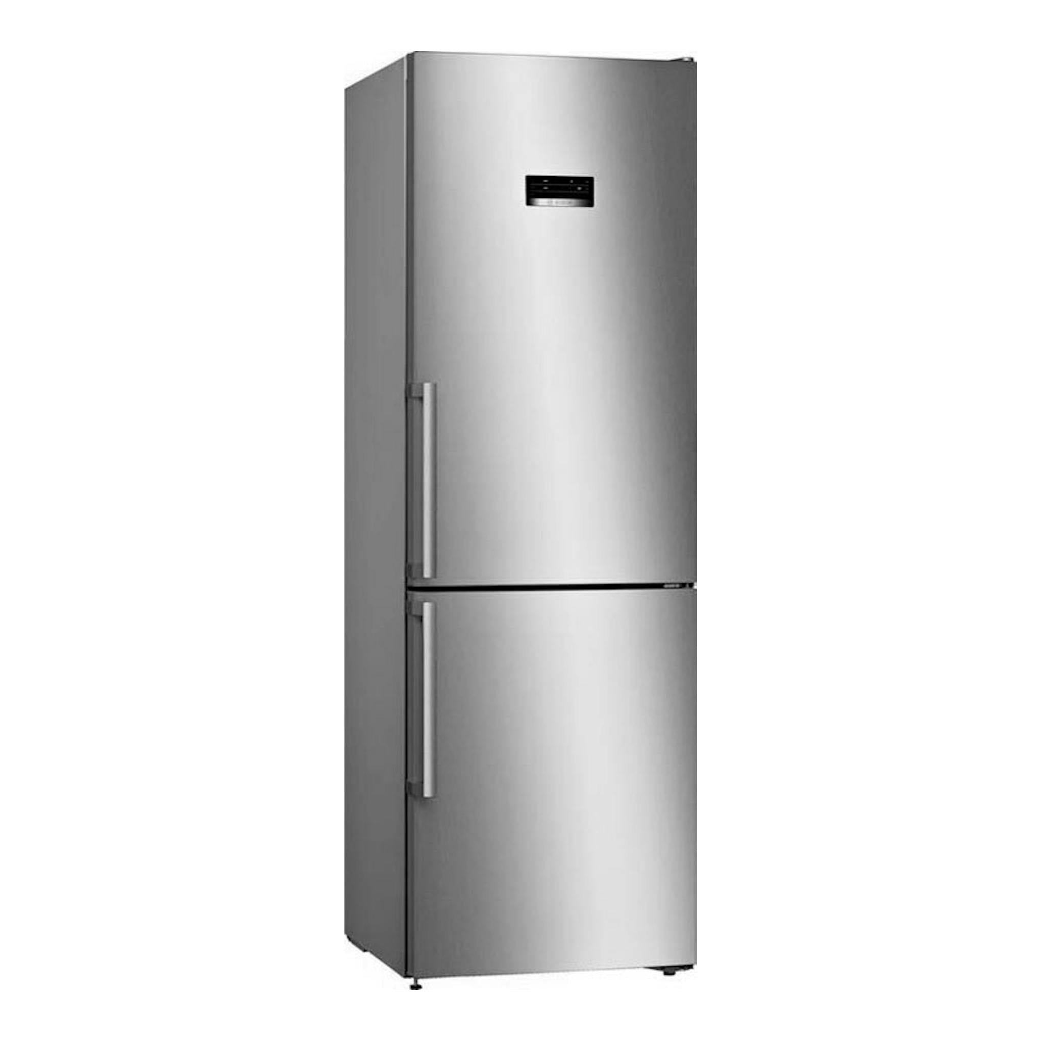 Frigorífico combi Bosch KGN36XIDP inox, vista frontal ligeramente en ángulo, con dos puertas.