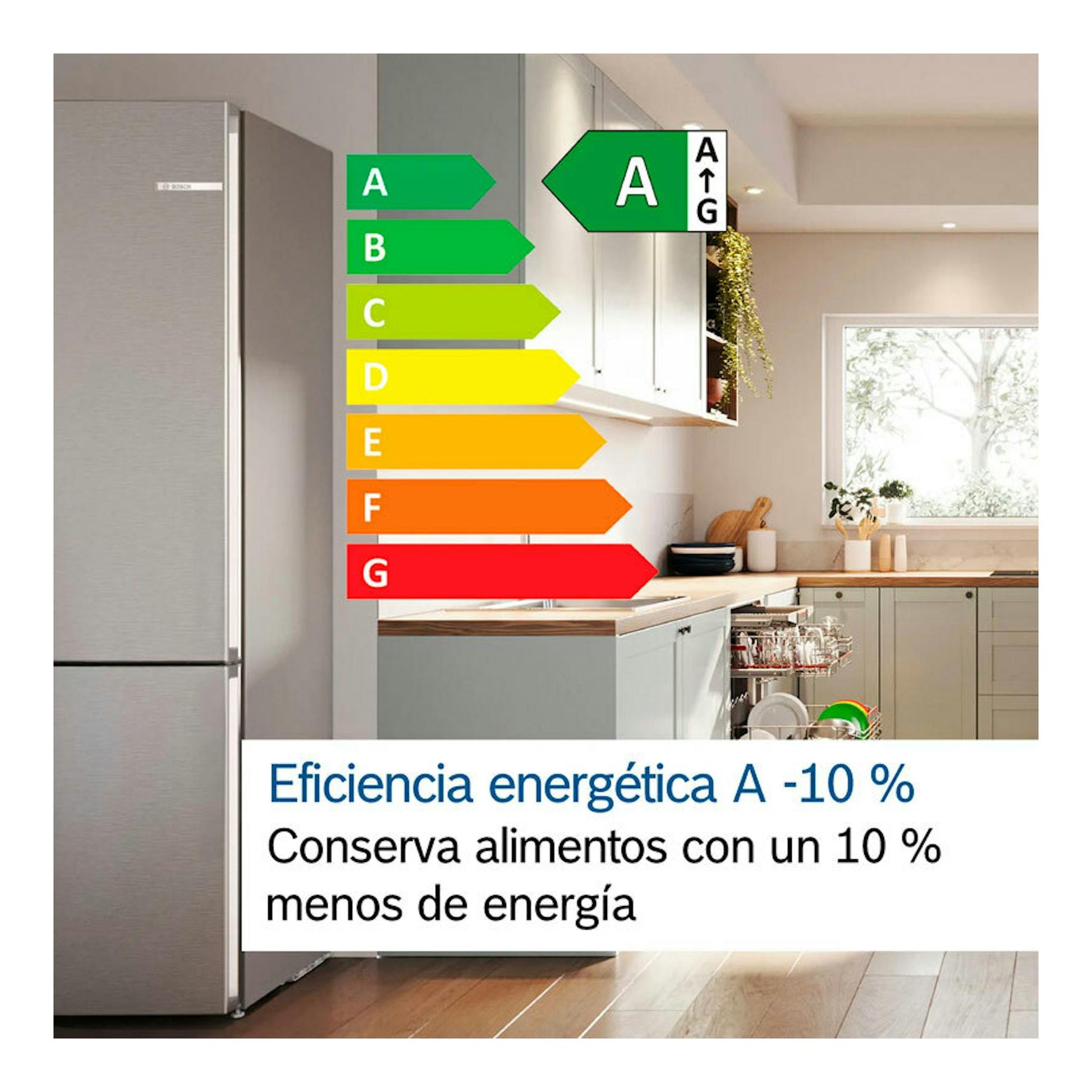 Frigorífico combi Bosch KGN392I1F inox, vista frontal, junto a etiqueta energética A en una cocina.