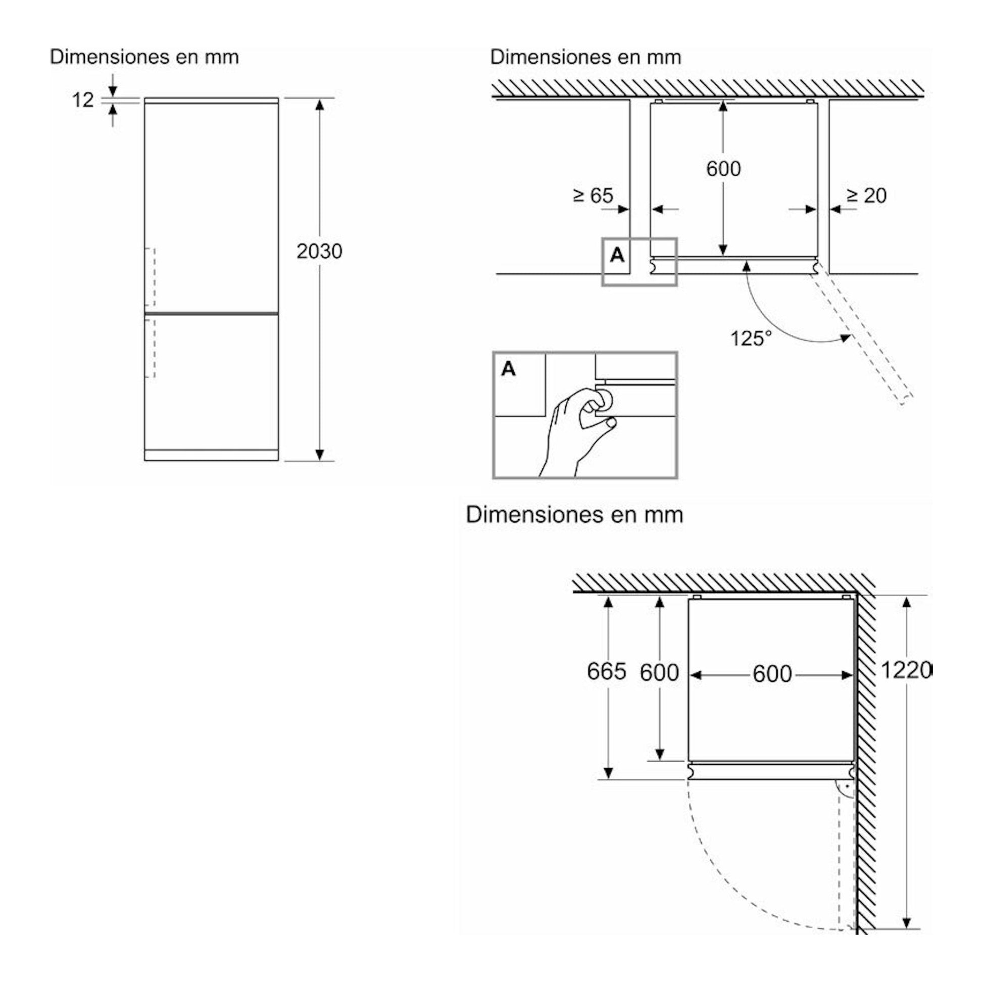 Bosch KGN392I1F, esquema técnico en planta y alzado con medidas de instalación de un frigorífico combi inox.