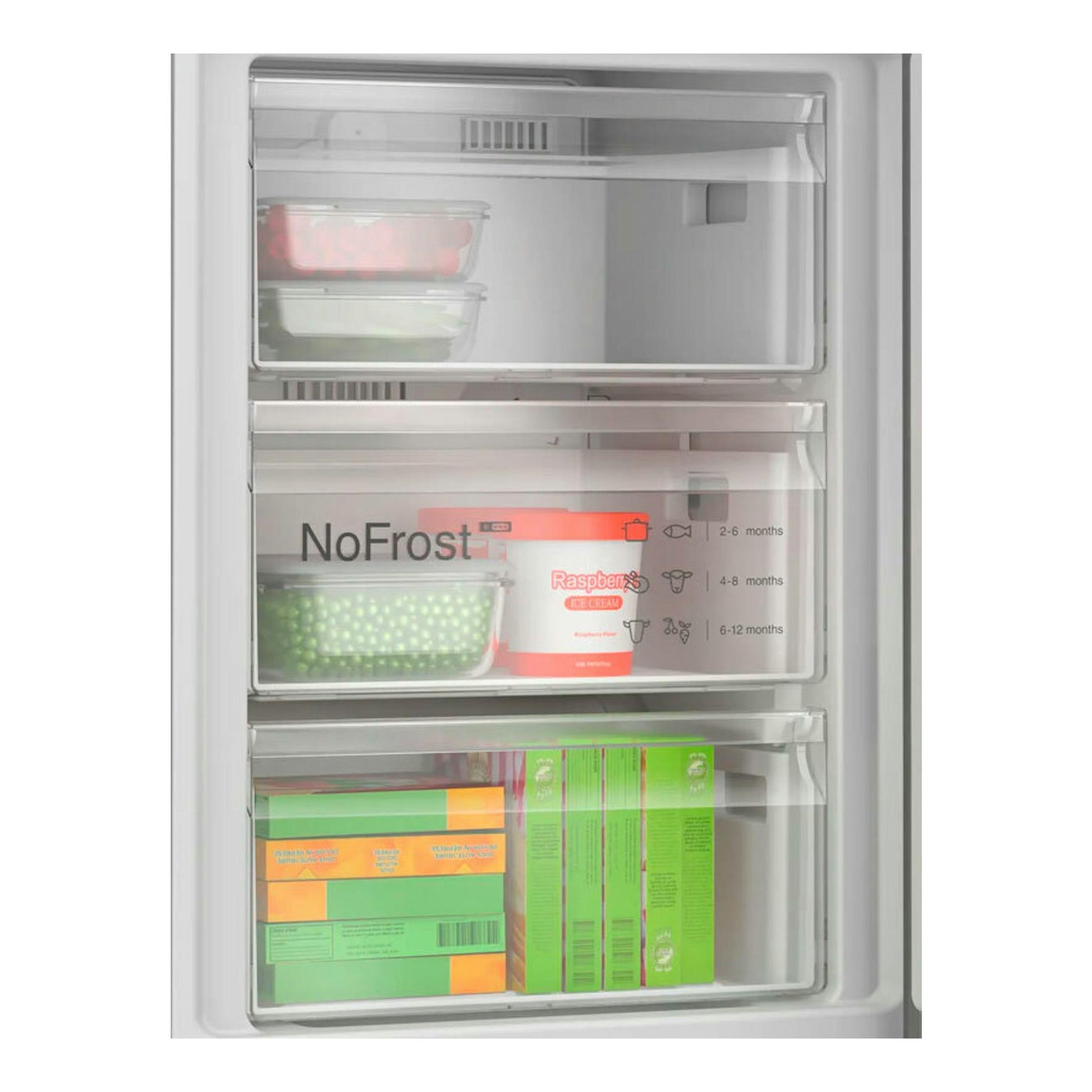 Interior del congelador Bosch KGN392I1F inox, con cajones transparentes y alimentos almacenados.