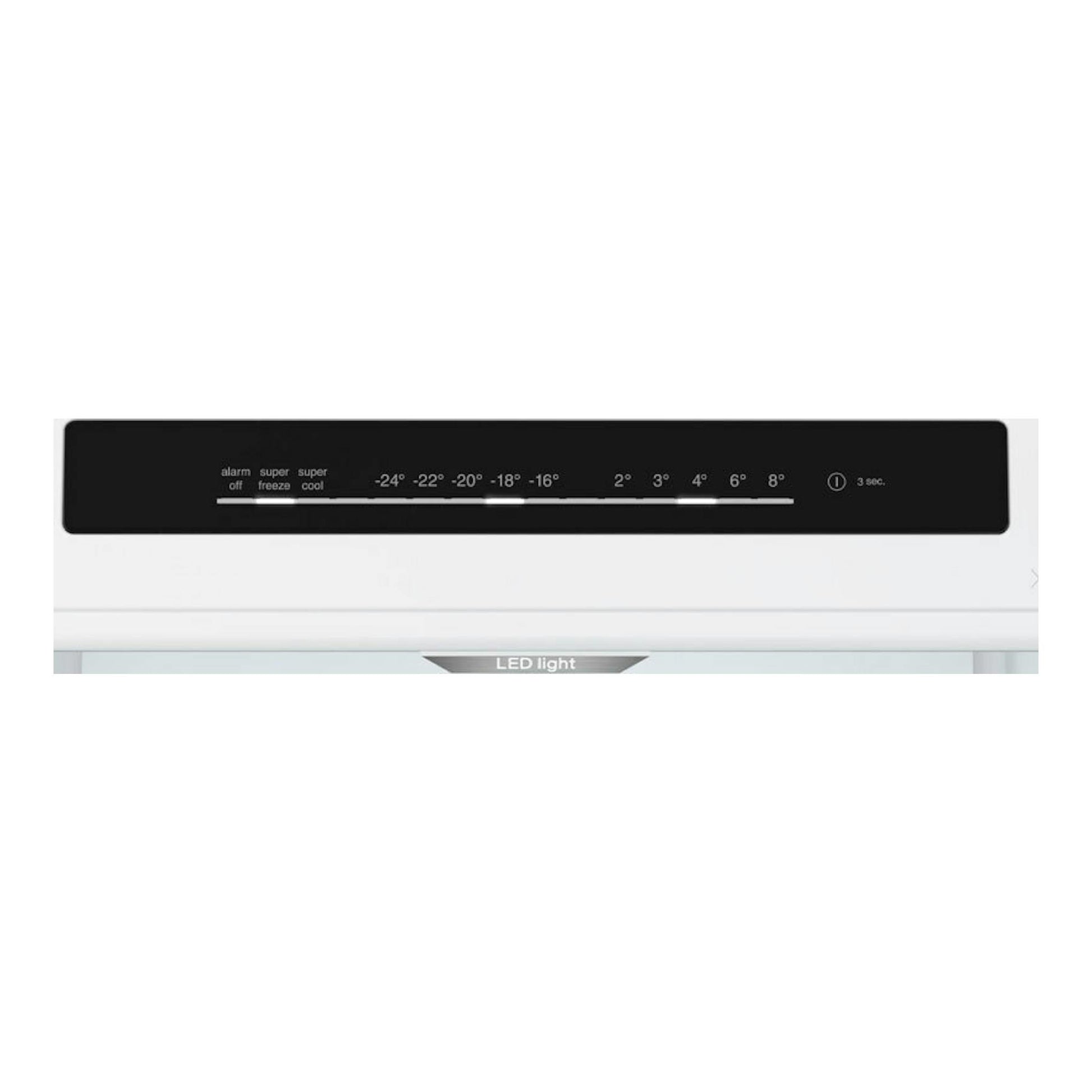 Bosch KGN392ICF, panel de control negro de un frigorífico combi inox, vista frontal parcial.