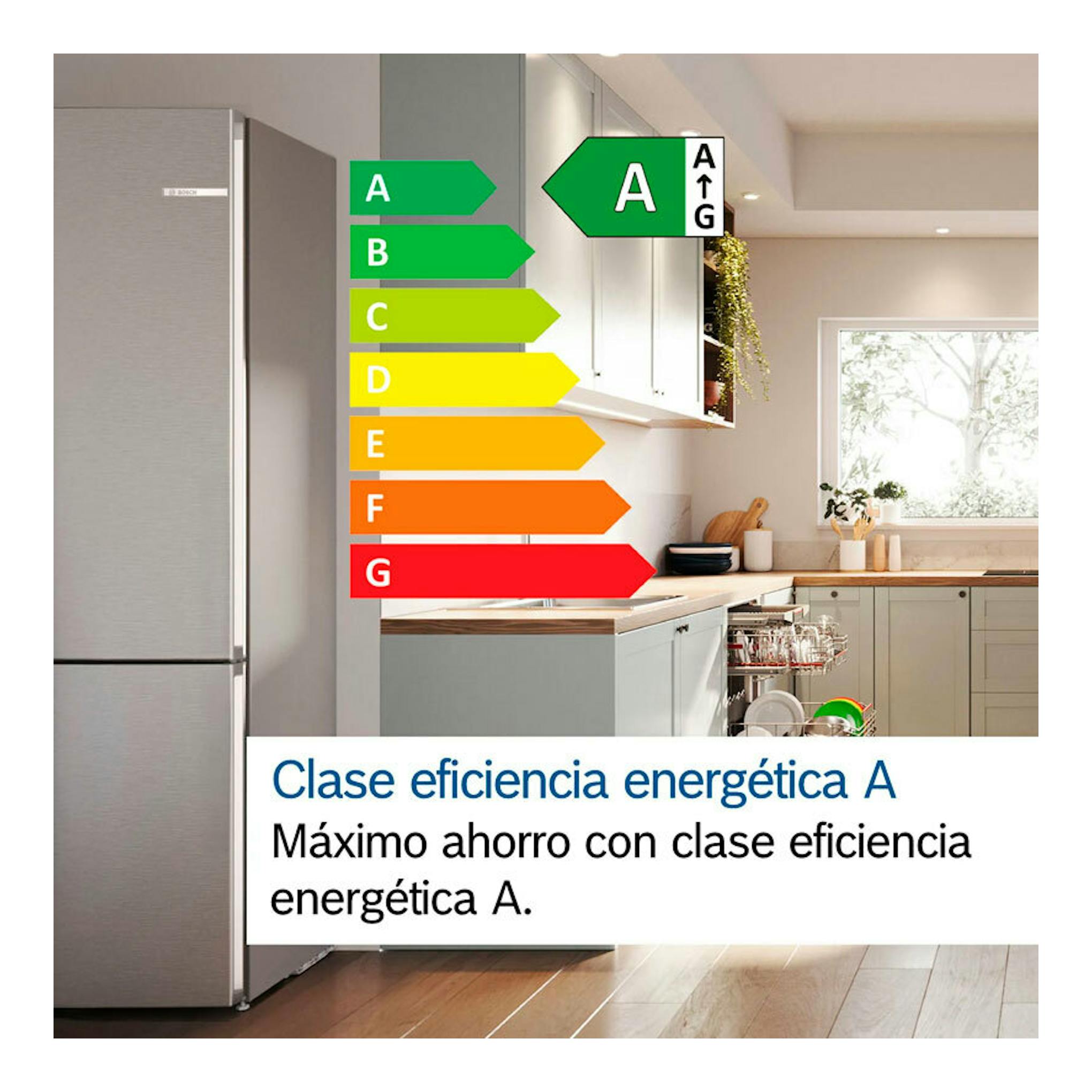Frigorífico combi Bosch KGN392LAG inox, vista frontal en cocina, con etiqueta energética A superpuesta.