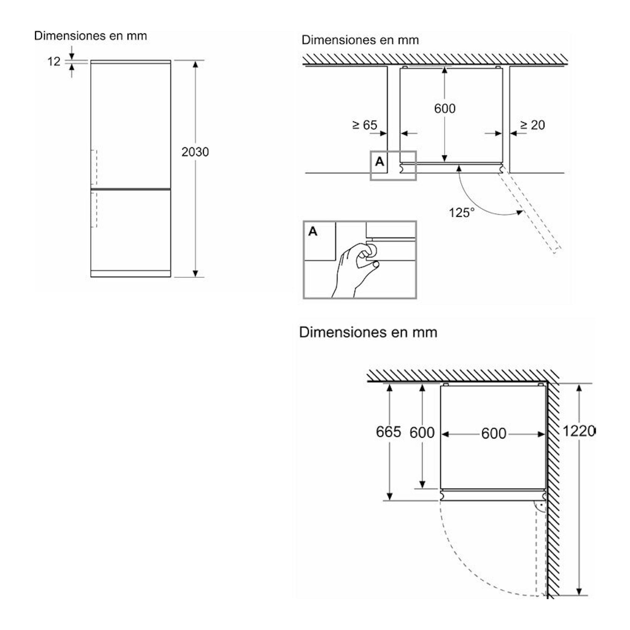 Plano técnico de frigorífico combi Bosch KGN392LAG Inox, con dimensiones en mm y apertura de puerta.