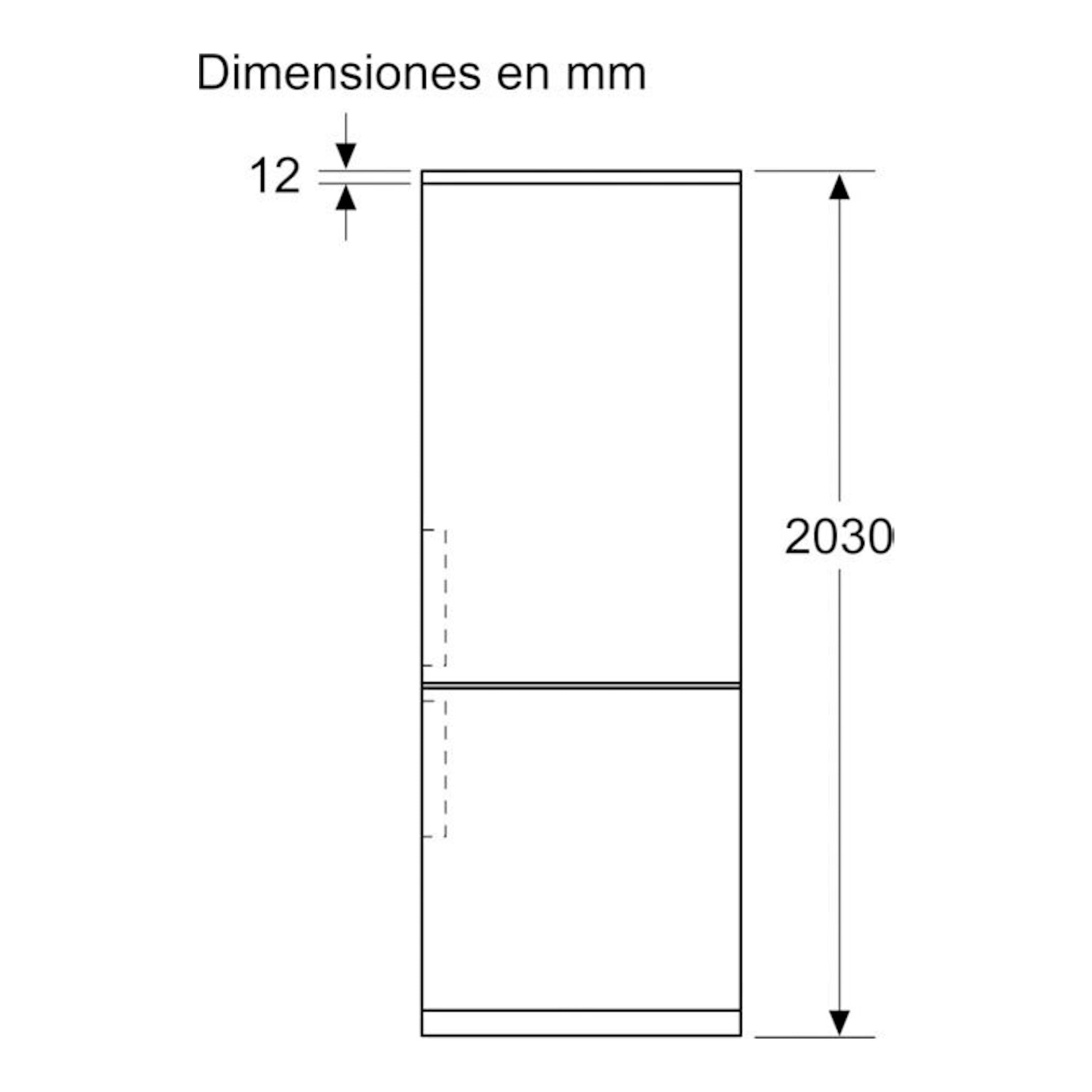 Bosch KGN392WCF, esquema frontal de frigorífico combi blanco con medidas en mm: 2030 de alto y 12 arriba.