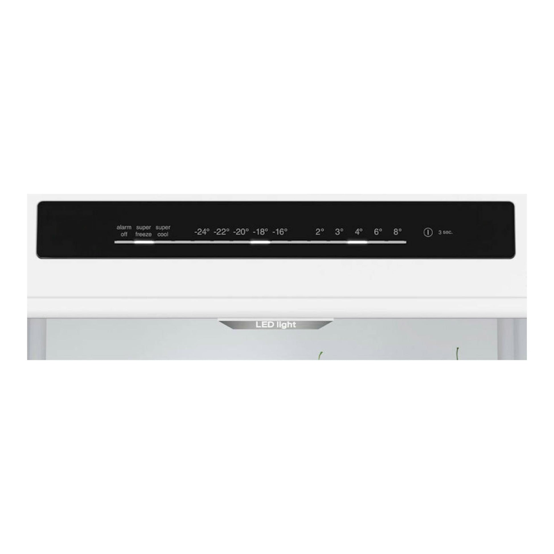 Frigorífico combi Bosch KGN392WCF blanco, vista frontal parcial con panel negro y luz LED interior.