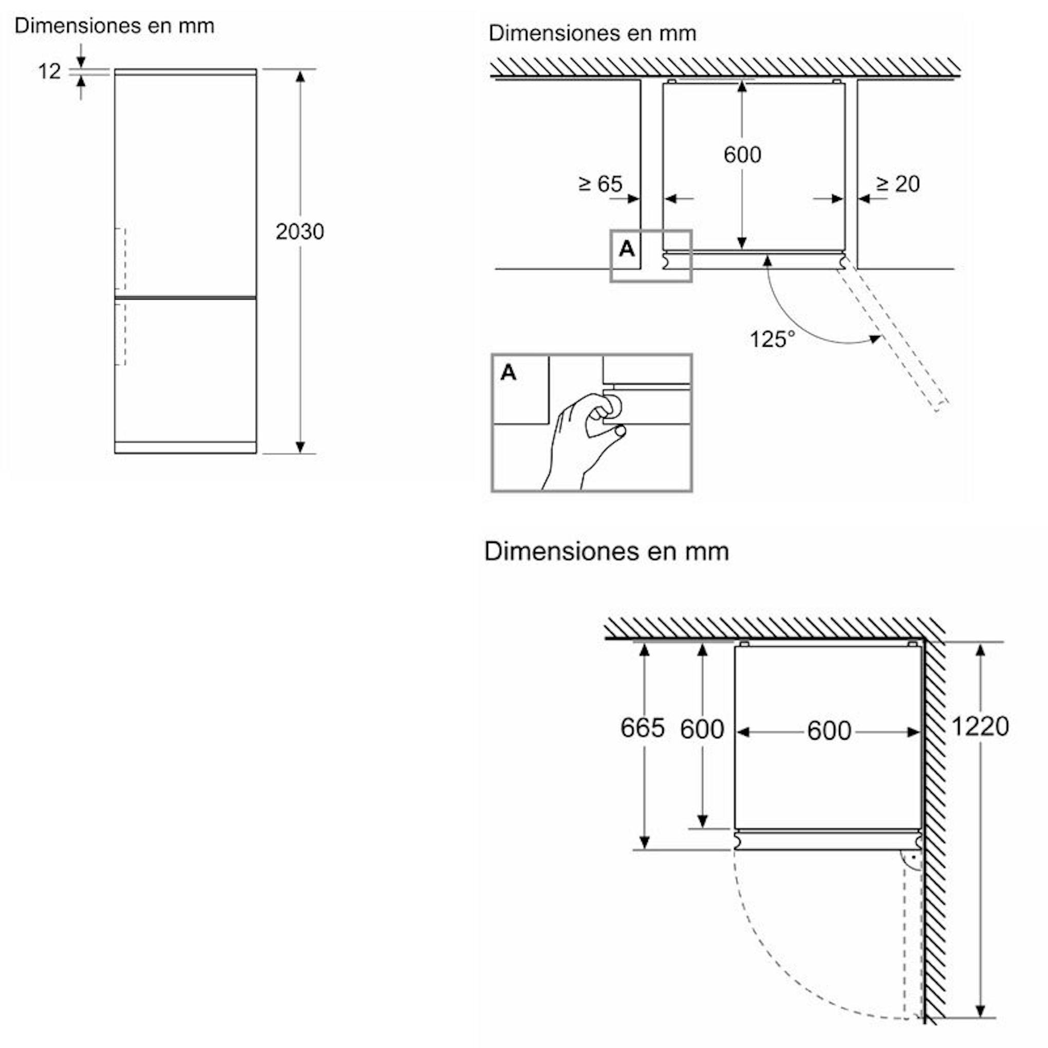 Esquema de instalación y dimensiones del frigorífico combi Bosch KGN392XCF acero negro