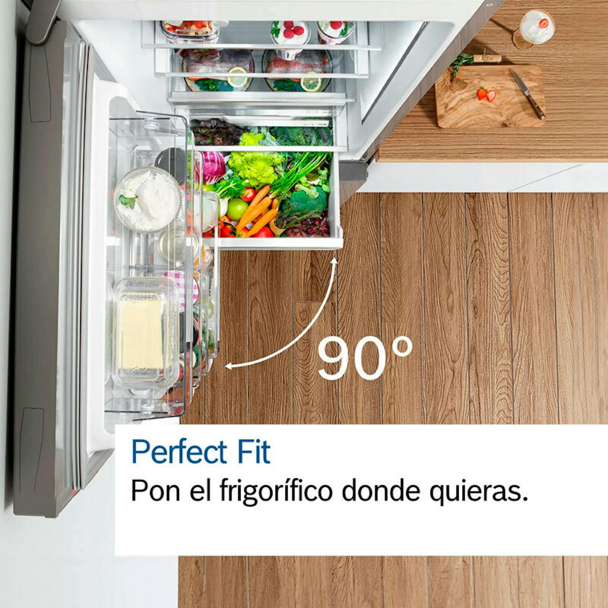 Frigorífico combi Bosch KGN392XCF acero negro con la puerta abierta y cajones interiores visibles