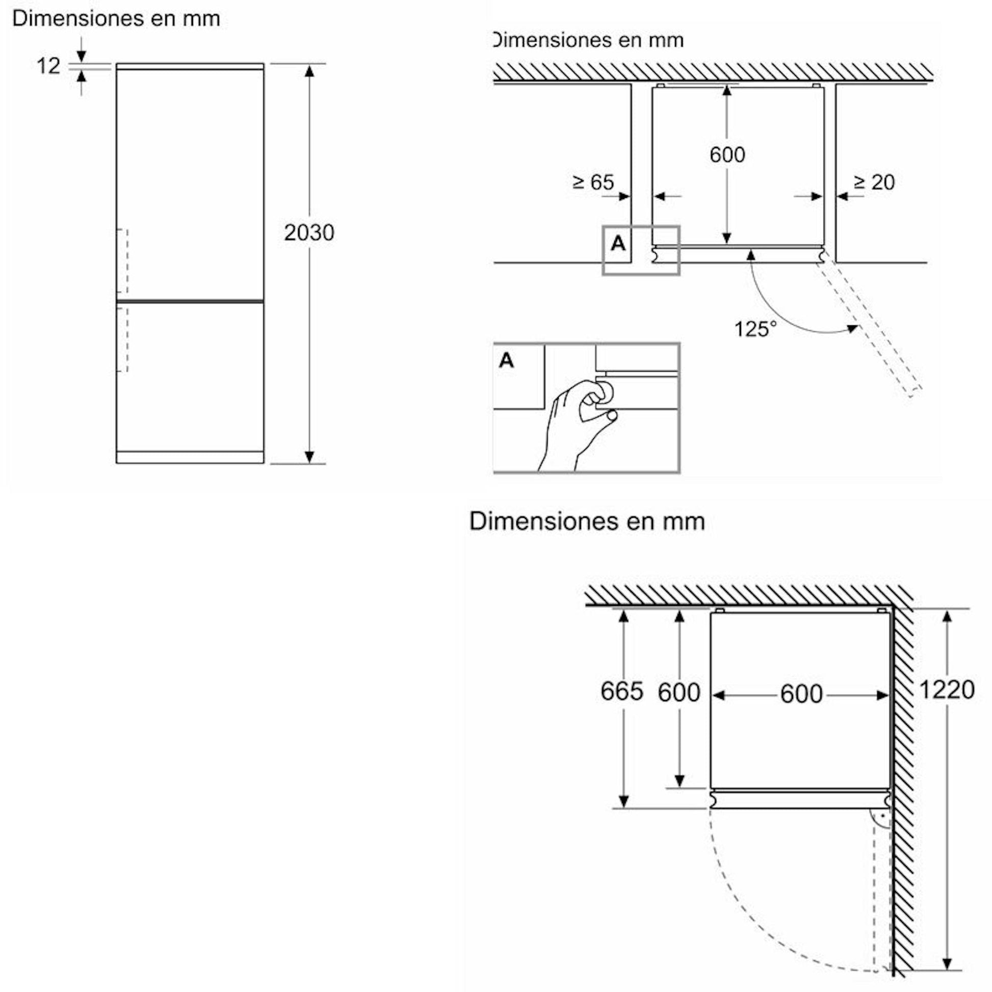 Bosch KGN394ICF, esquema de dimensiones de instalación del frigorífico combi
