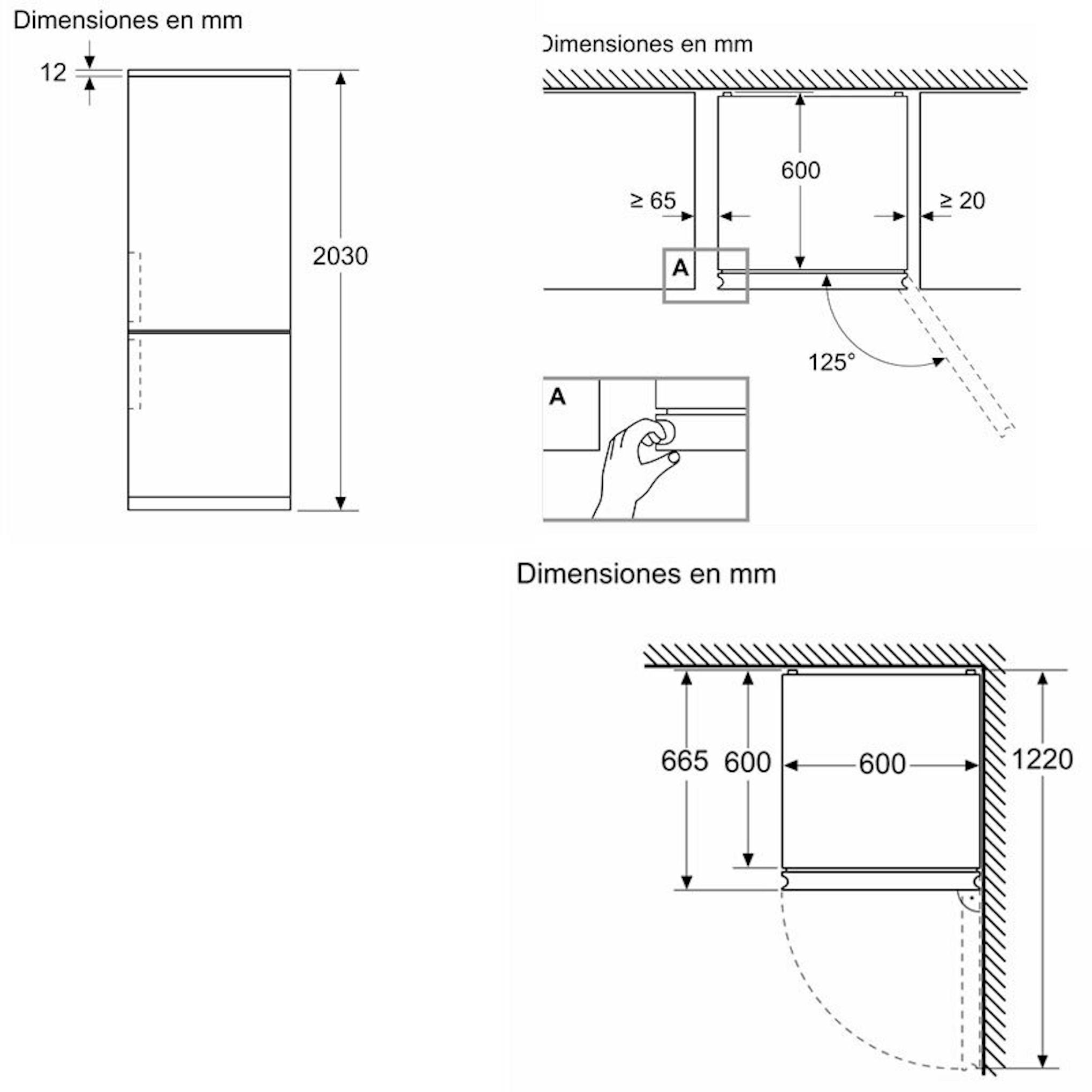 Bosch KGN394ICF, esquema de dimensiones de instalación del frigorífico combi