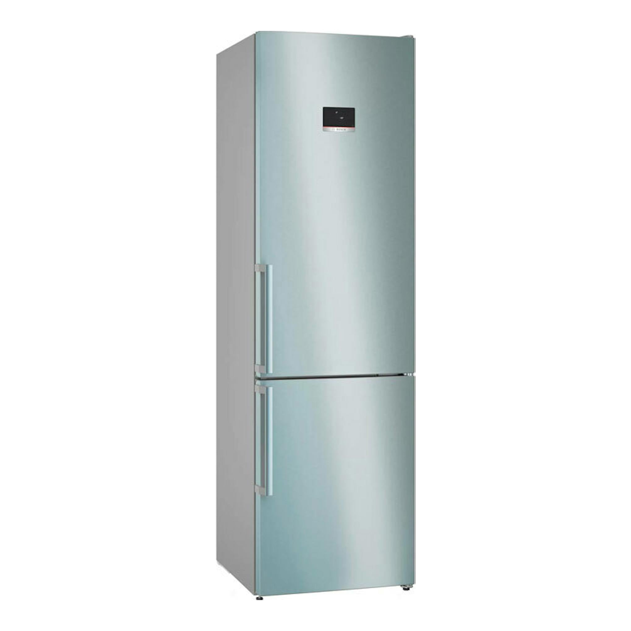 Frigorífico combi Bosch KGN397ICT inox, vista frontal en ángulo, con dos puertas y tiradores verticales.