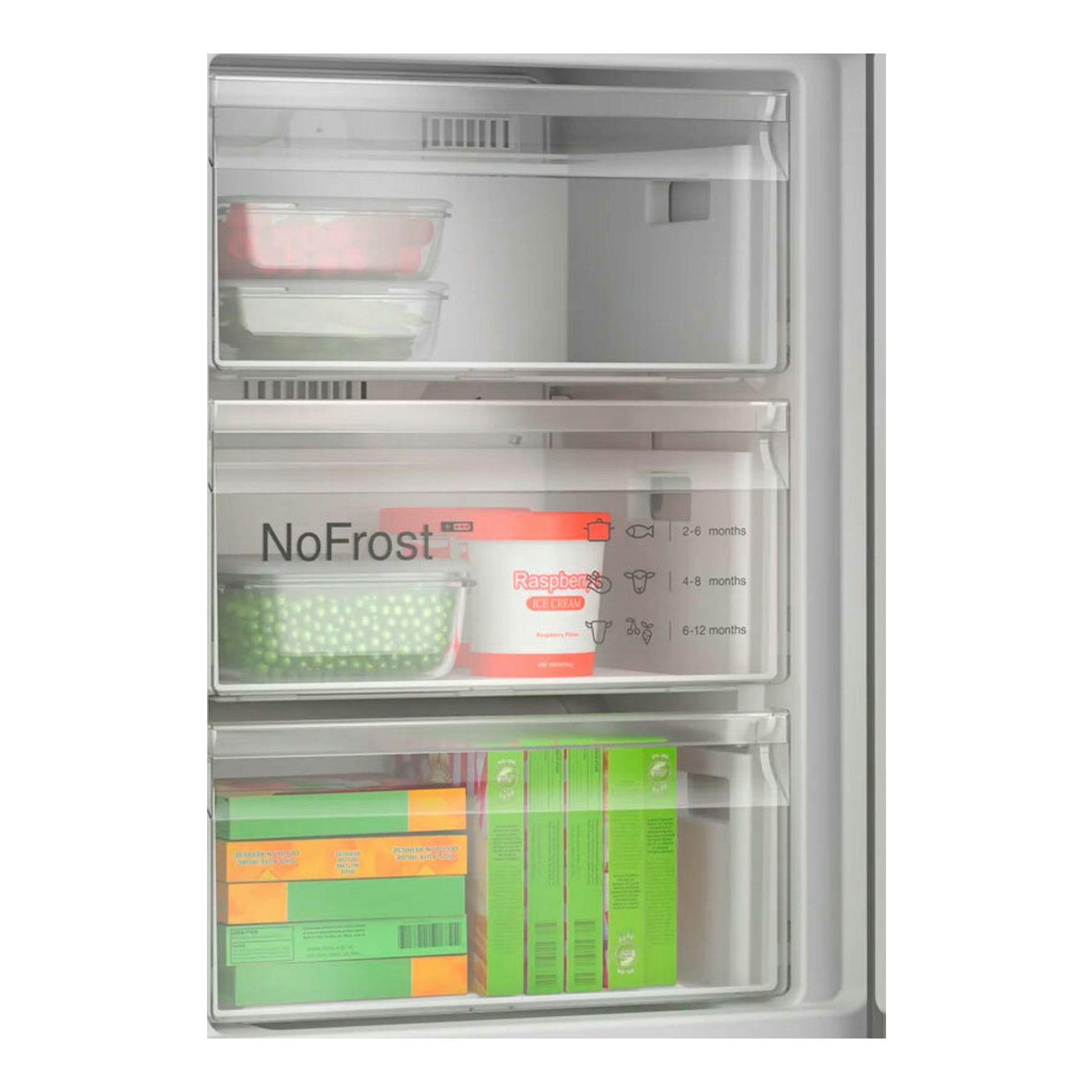 Bosch KGN39AIAU Inox: interior del congelador combi, con tres cajones transparentes y alimentos dentro.