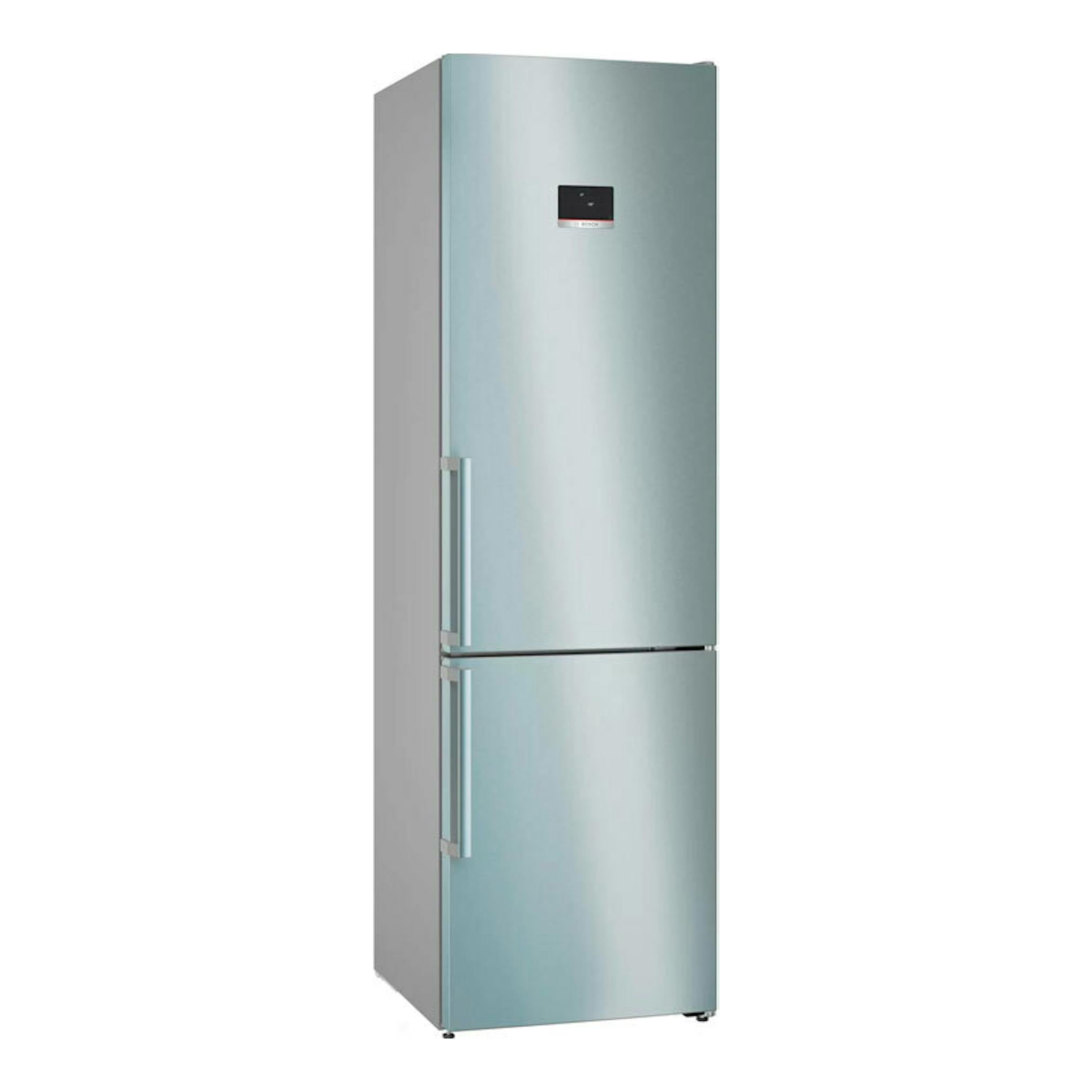 Frigorífico combi Bosch KGN39AIBT inox, vista frontal en ángulo, dos puertas y acabado plateado.