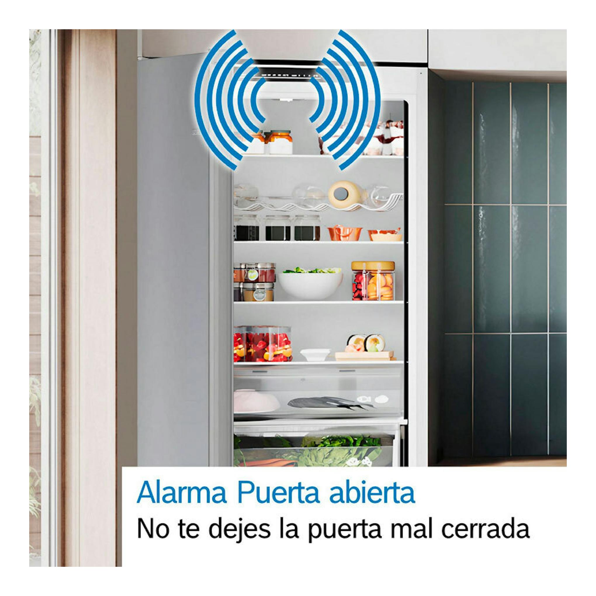 Frigorífico combi Bosch KGN39VIDB de acero inoxidable, vista frontal con la puerta abierta y aviso de alarma.