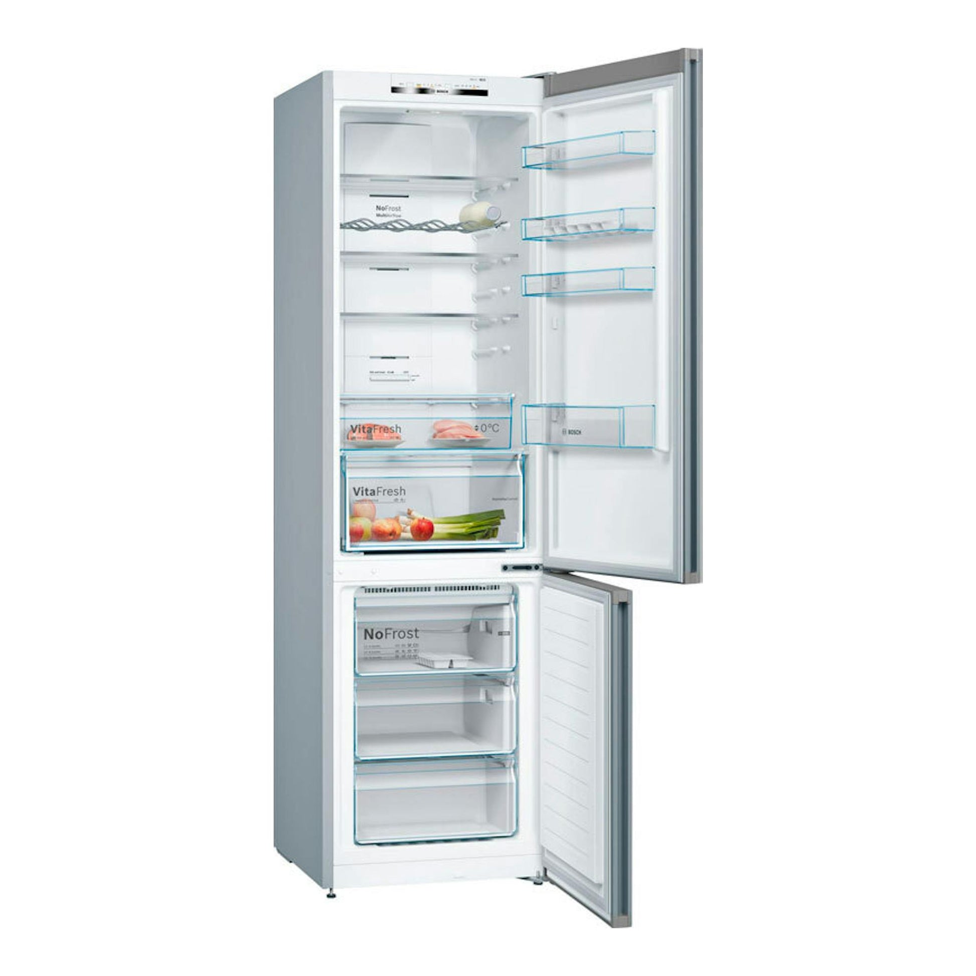 Frigorífico combi Bosch KGN39VIDB en acero, vista frontal con puertas abiertas y compartimentos interiores visibles.