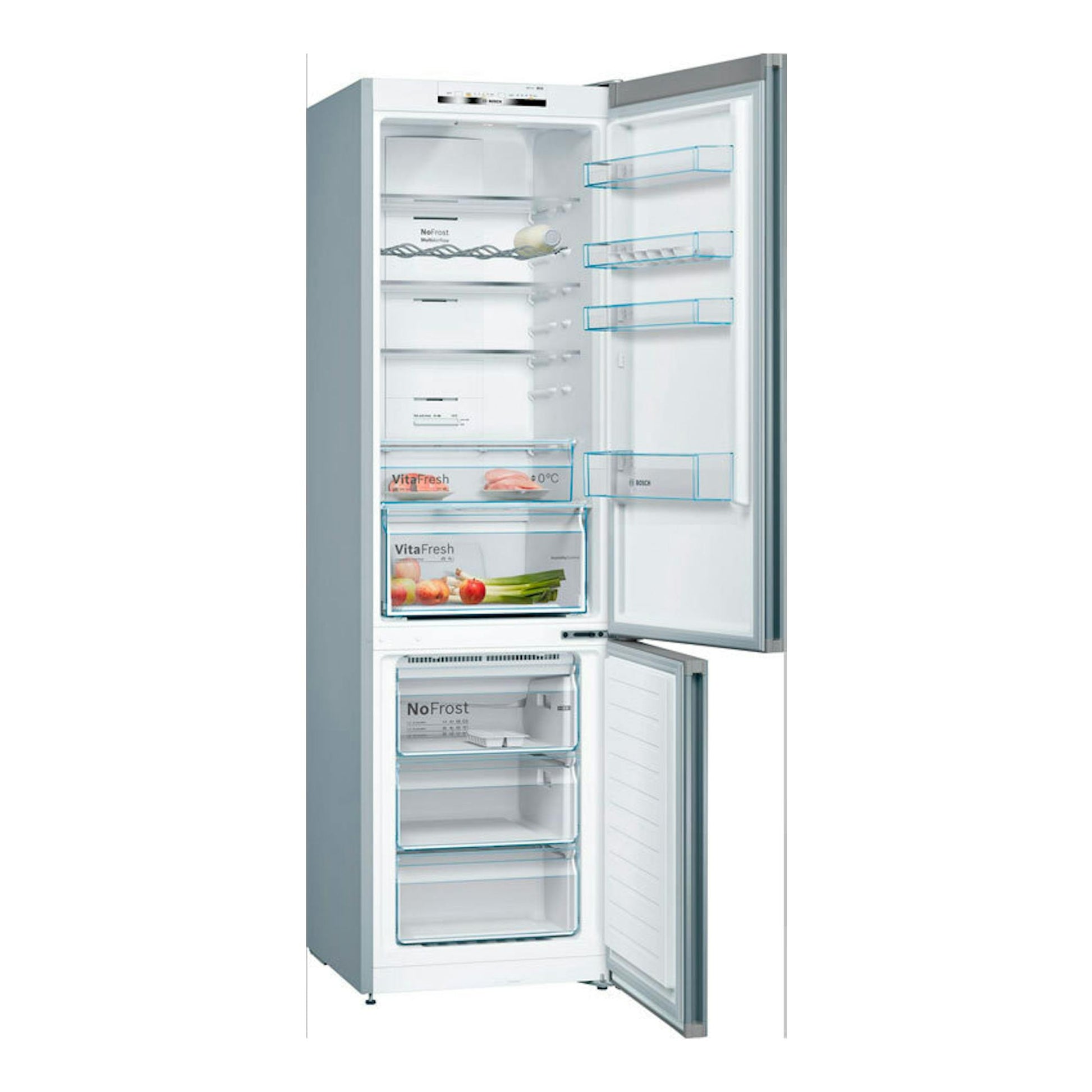 Frigorífico combi Bosch KGN39VIEB en acero, vista frontal con puertas abiertas y compartimentos visibles.