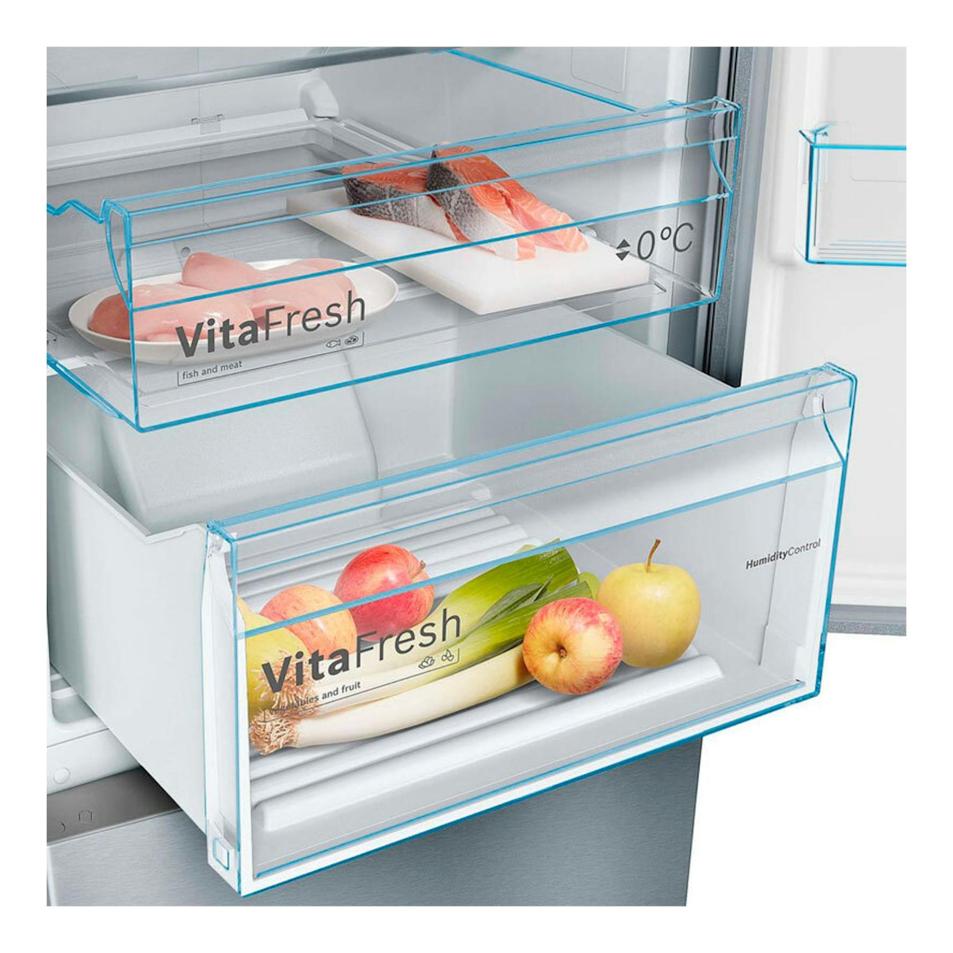 Interior de frigorífico Bosch KGN39VIEB con cajones VitaFresh y alimentos, vista frontal.