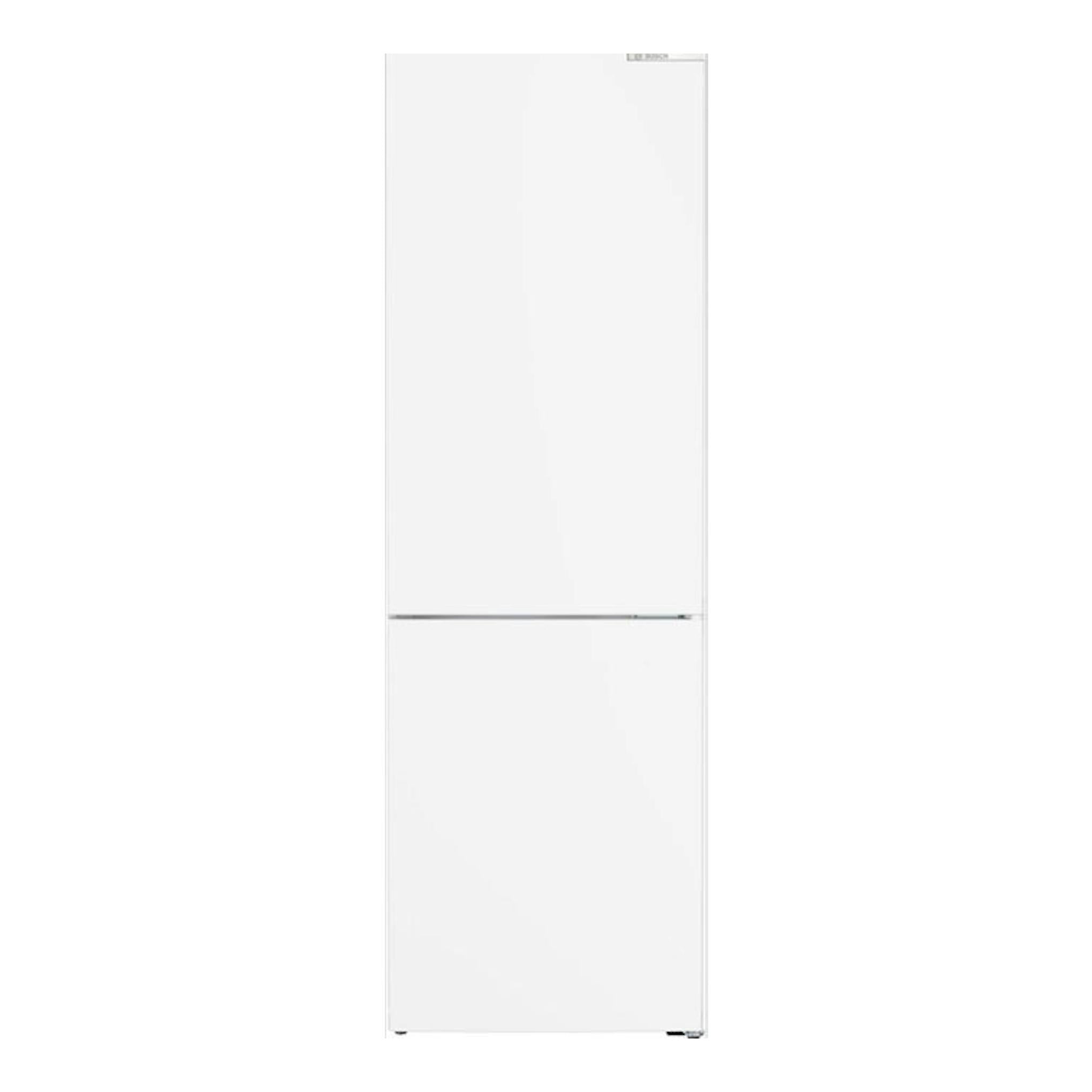 Frigorífico combi Bosch KGN39VWDC blanco, vista frontal, con dos puertas y tirador integrado.