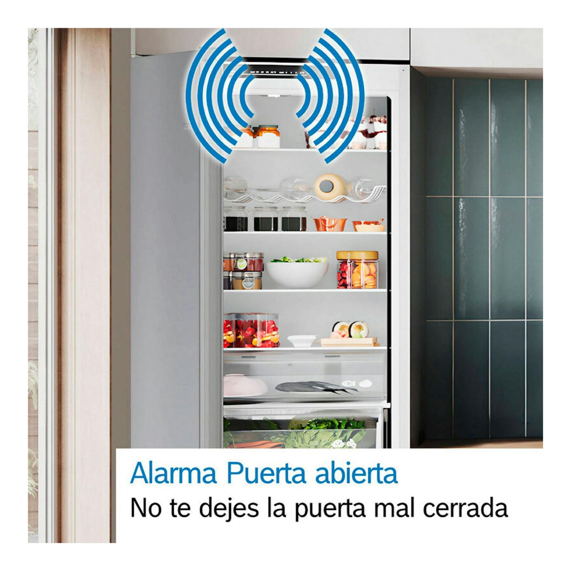 Frigorífico combi Bosch KGN39VWDC blanco, vista frontal con la puerta abierta y alarma visual.