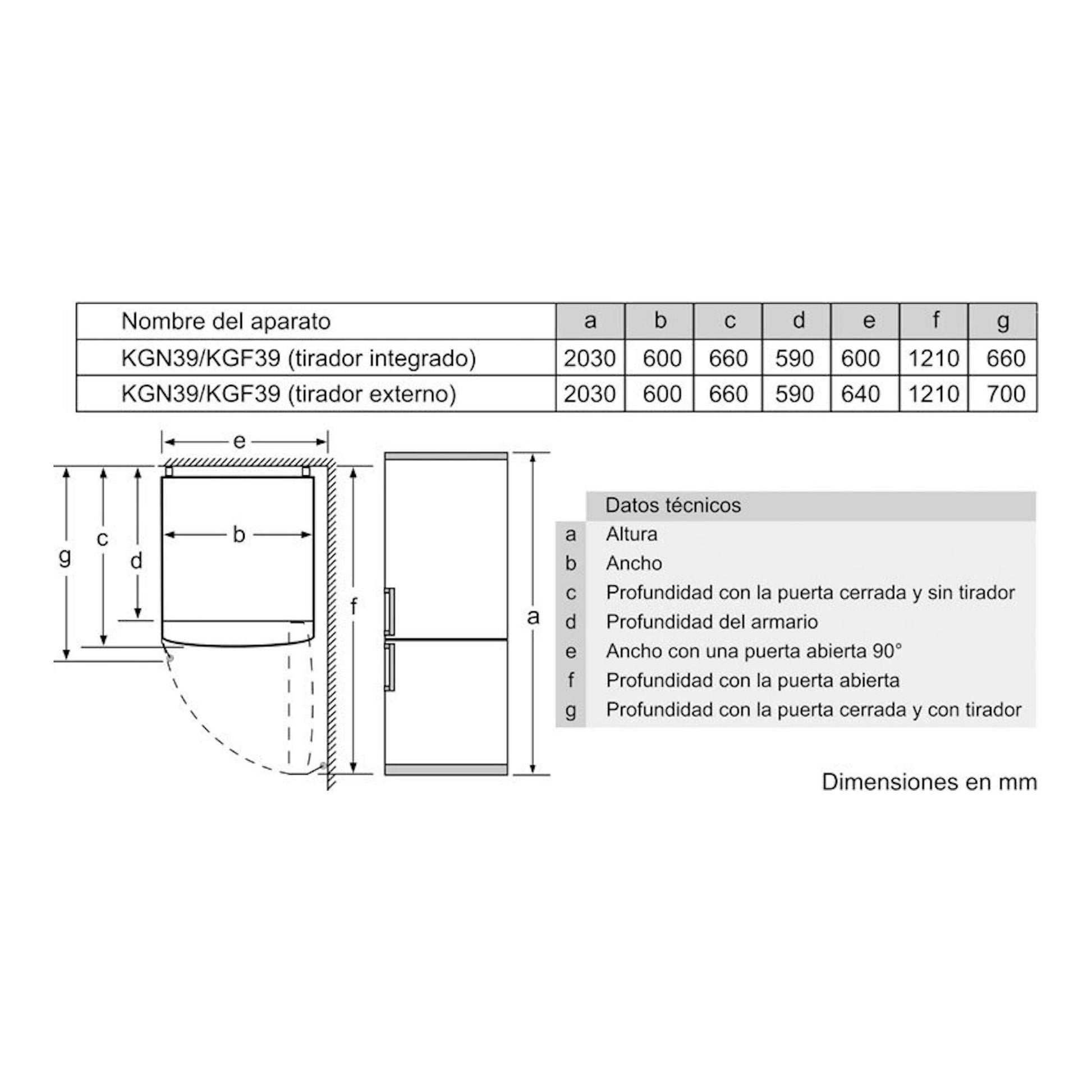 Diagrama técnico del frigorífico combi Bosch KGN39VWDC blanco, vista frontal y lateral con medidas en mm.