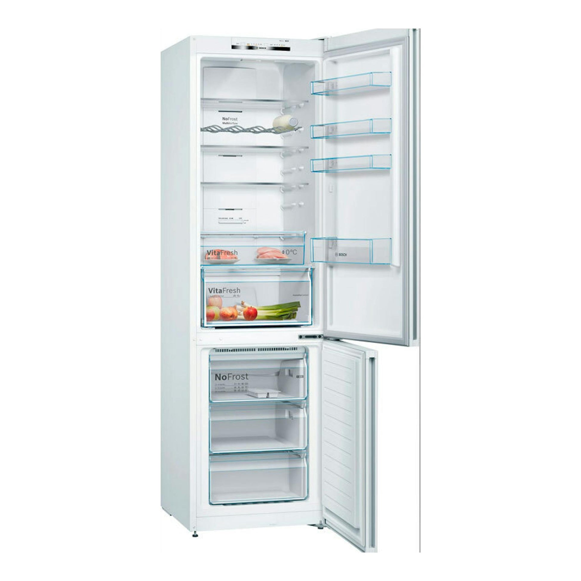 Frigorífico combi Bosch KGN39VWDC blanco, vista frontal con puertas abiertas y compartimentos interiores.