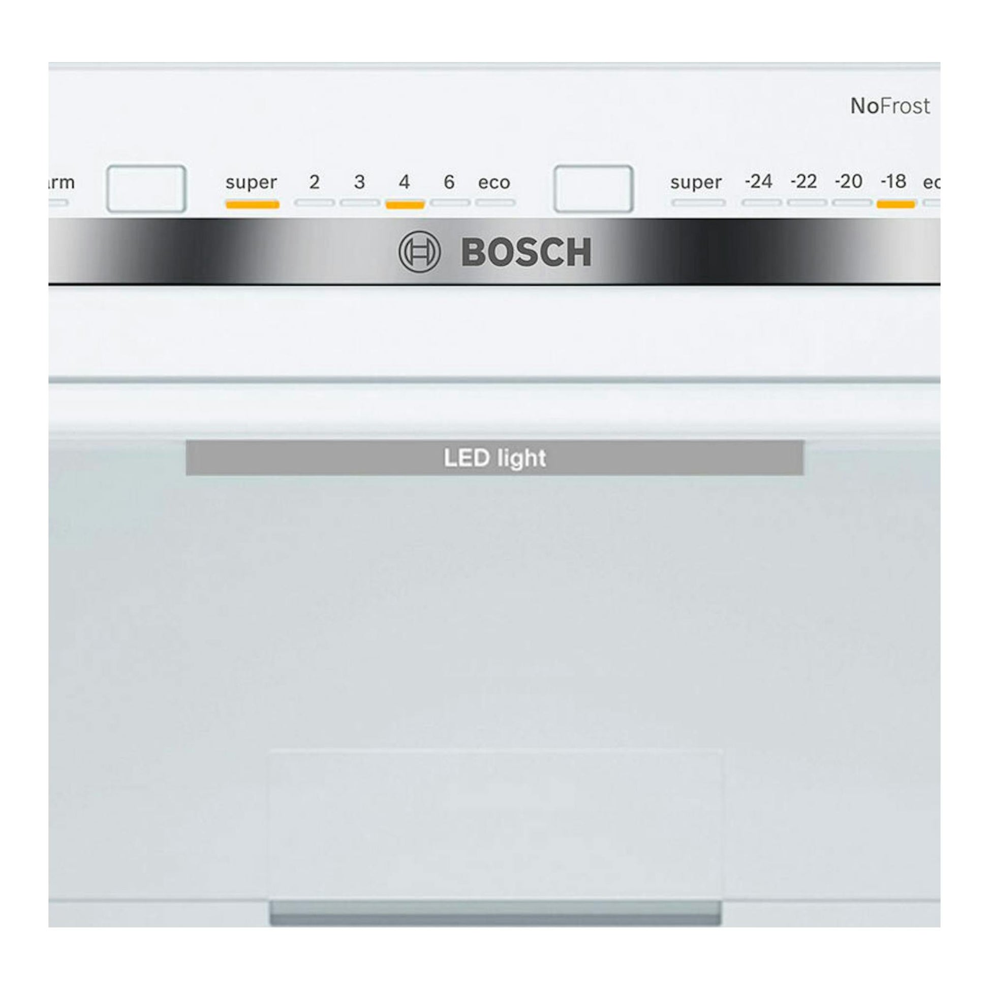 Frigorífico combi Bosch KGN39VWDC blanco, vista frontal de la puerta con panel LED y control NoFrost.