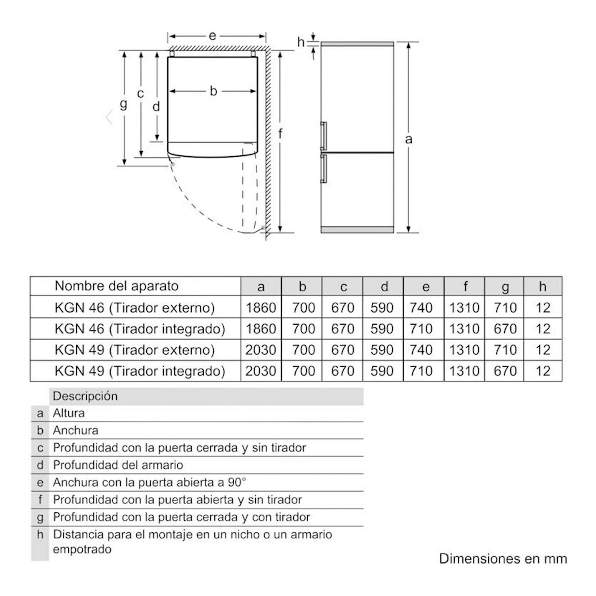 Bosch KGN493IDA Inox: esquema técnico frontal y lateral de frigorífico combi con medidas en mm.