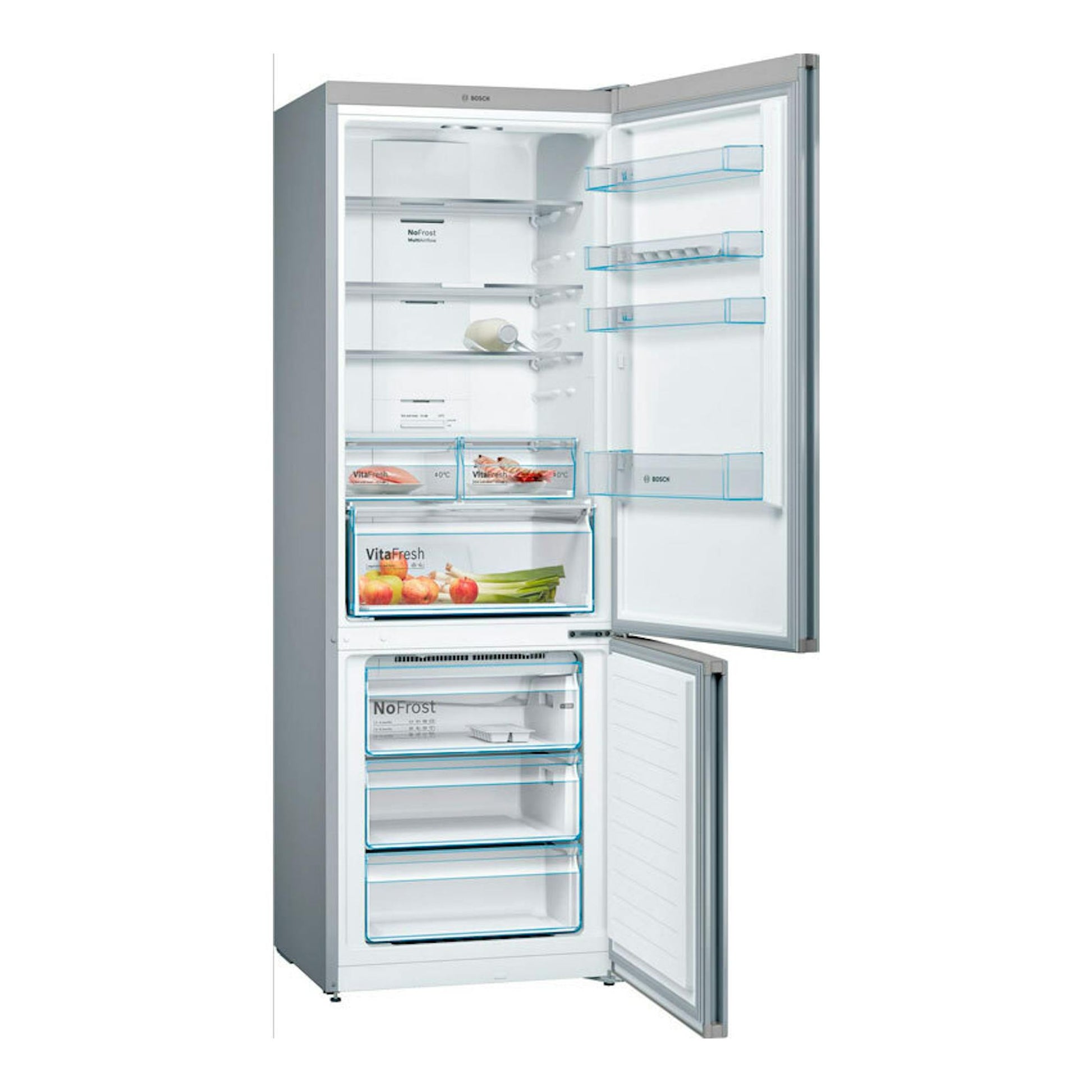Frigorífico combi Bosch KGN493IDA inox, vista frontal con puertas abiertas y compartimentos interiores visibles.