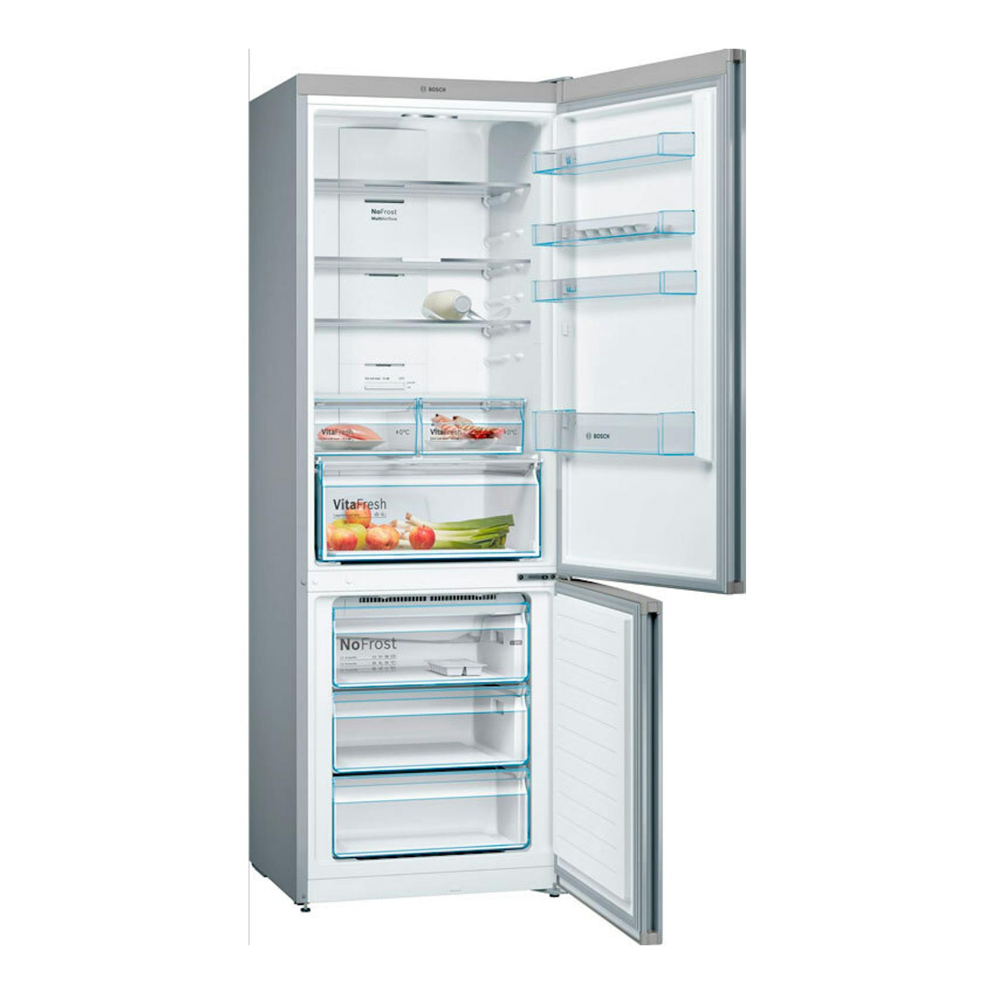 Frigorífico combi Bosch KGN493IDA inox, vista frontal con puertas abiertas y compartimentos interiores visibles.