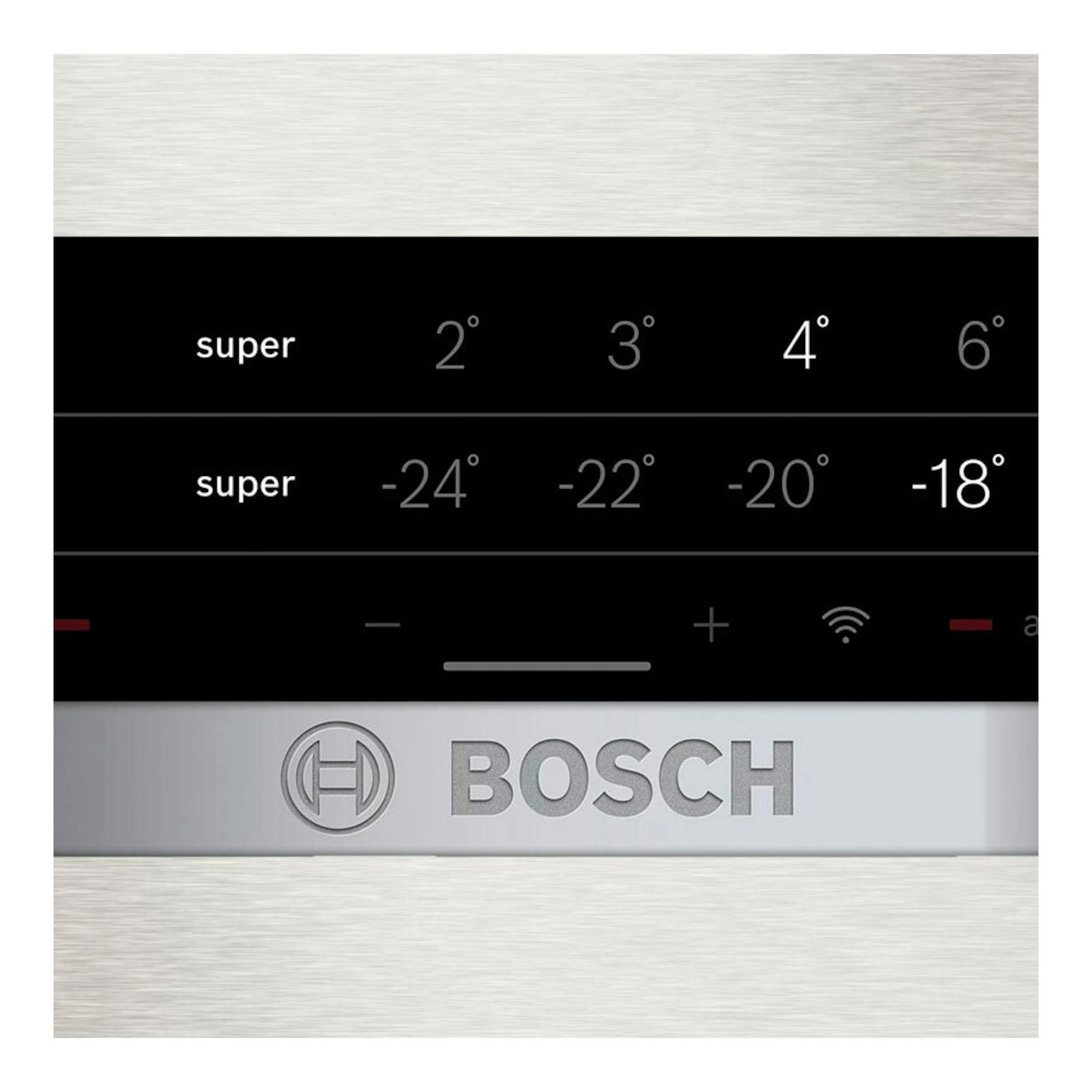 Panel táctil de frigorífico Bosch KGN493IDA inox con temperaturas y logo Bosch