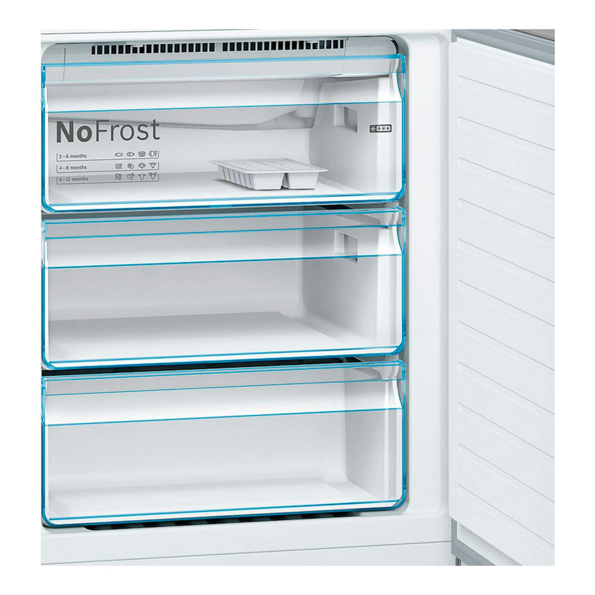 Bosch KGN493IDA inox, interior de cajones NoFrost del congelador, vista frontal abierta.