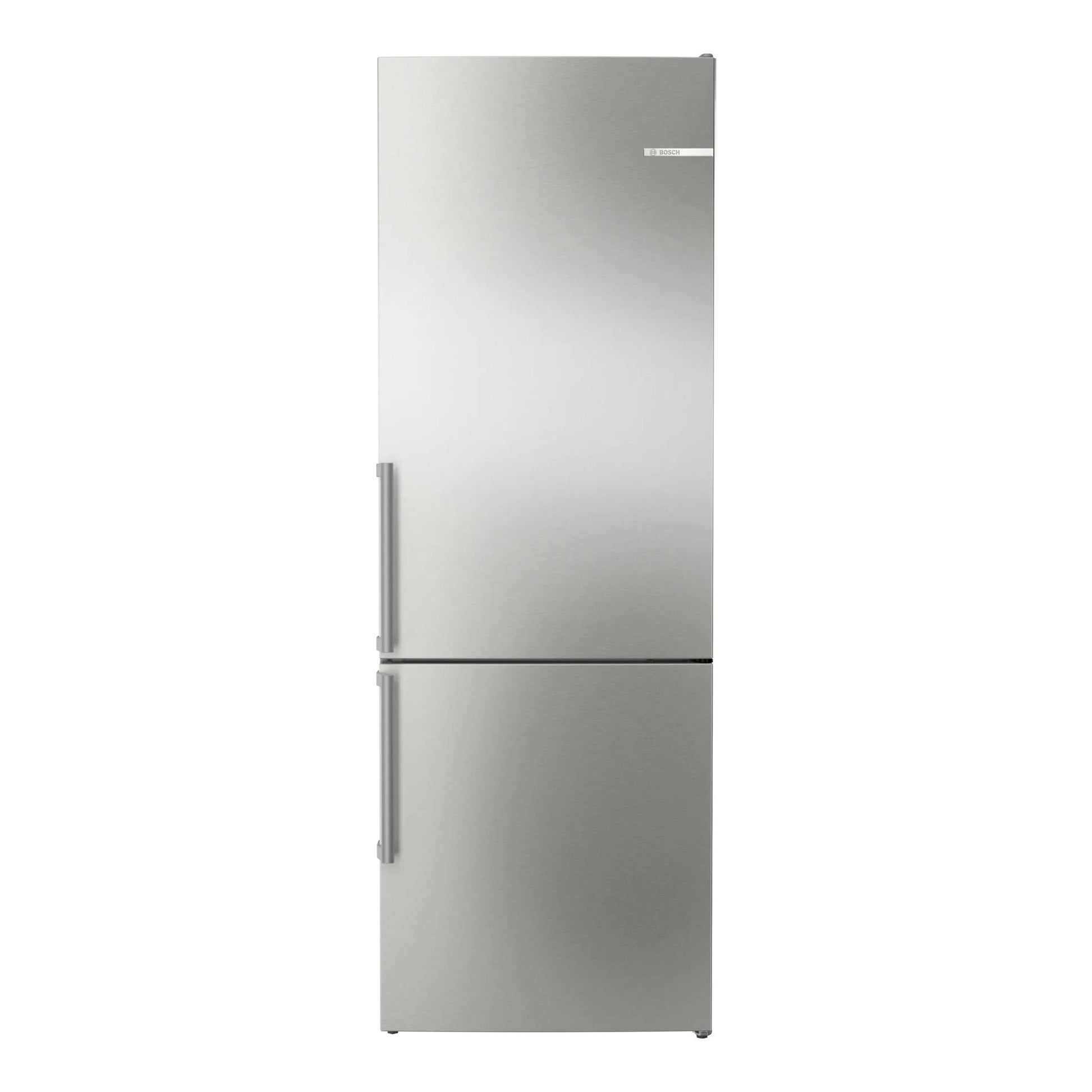 Frigorífico combi Bosch KGN49VICT en inox, vista frontal, dos puertas con tiradores verticales.