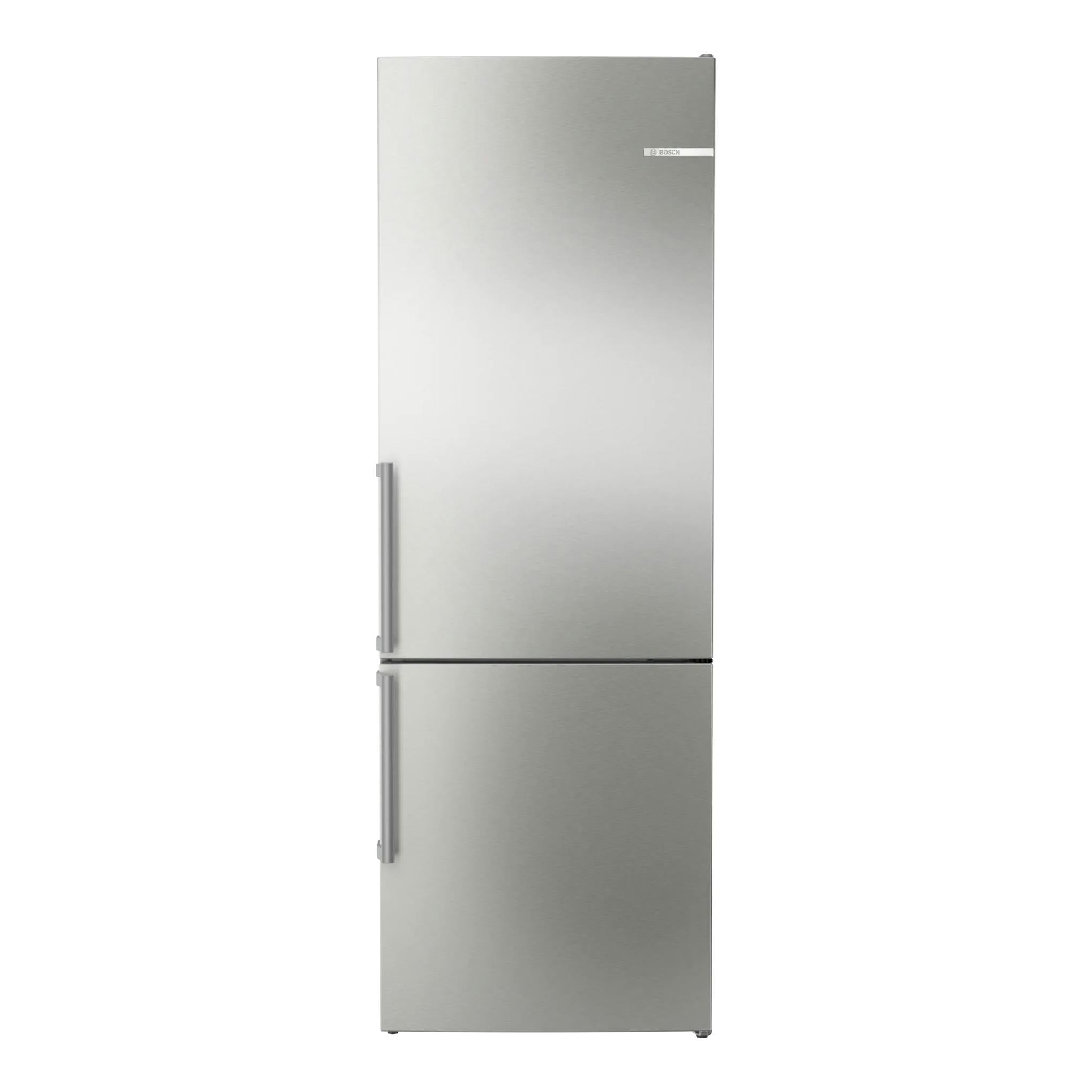 Frigorífico combi Bosch KGN49VICT en inox, vista frontal, dos puertas con tiradores verticales.