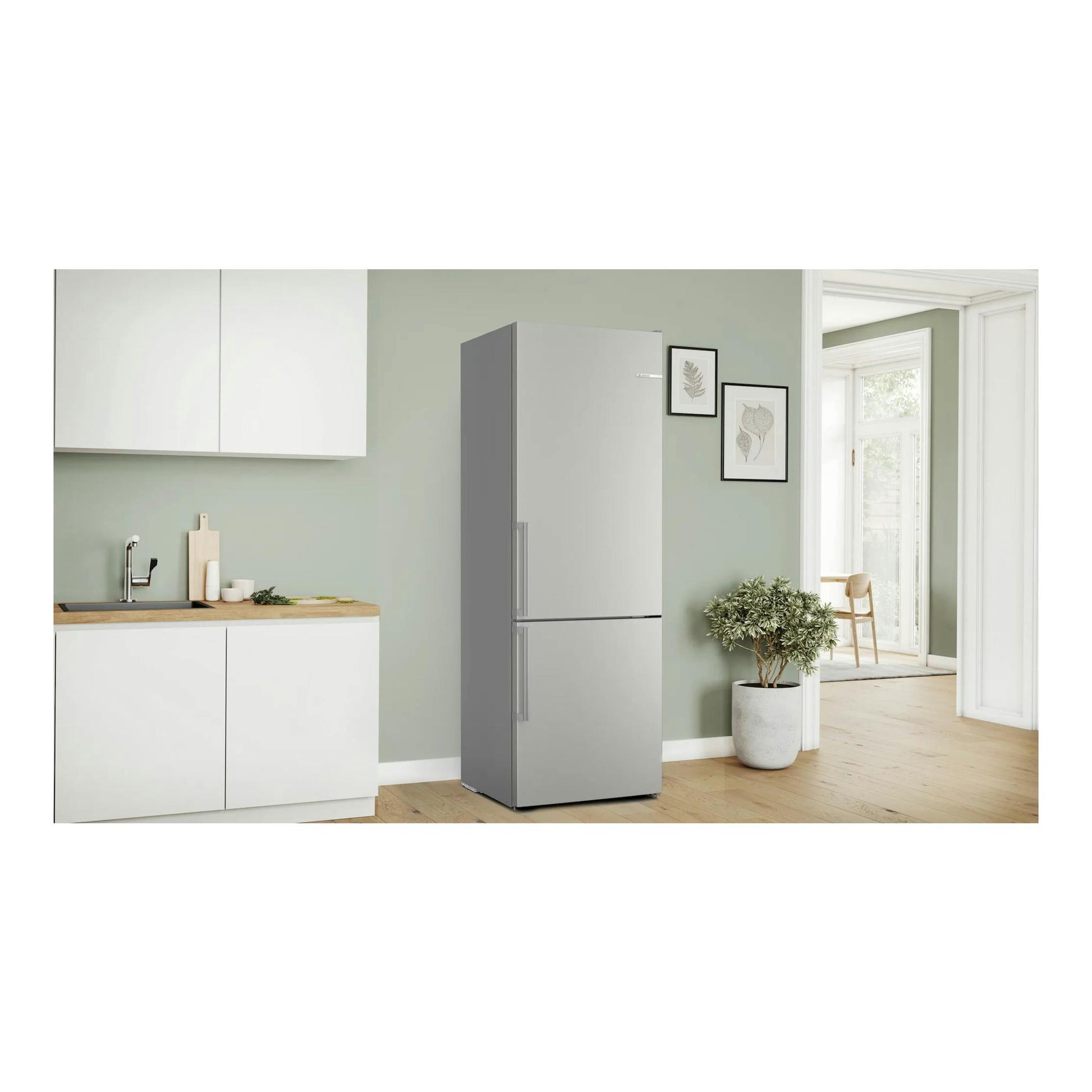 Frigorífico combi Bosch KGN49VICT inox, vista frontal en una cocina moderna.
