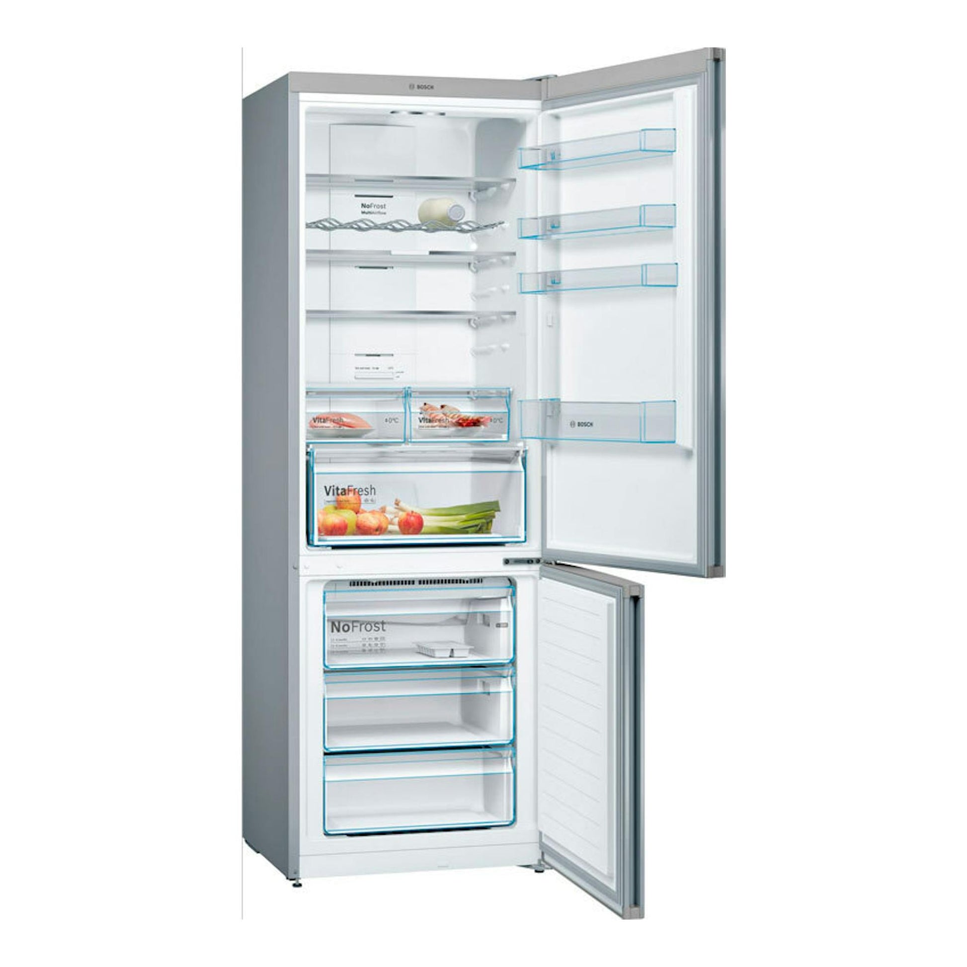 Frigorífico combi Bosch KGN49XIEA en acero, vista frontal con puertas abiertas y compartimentos interiores.